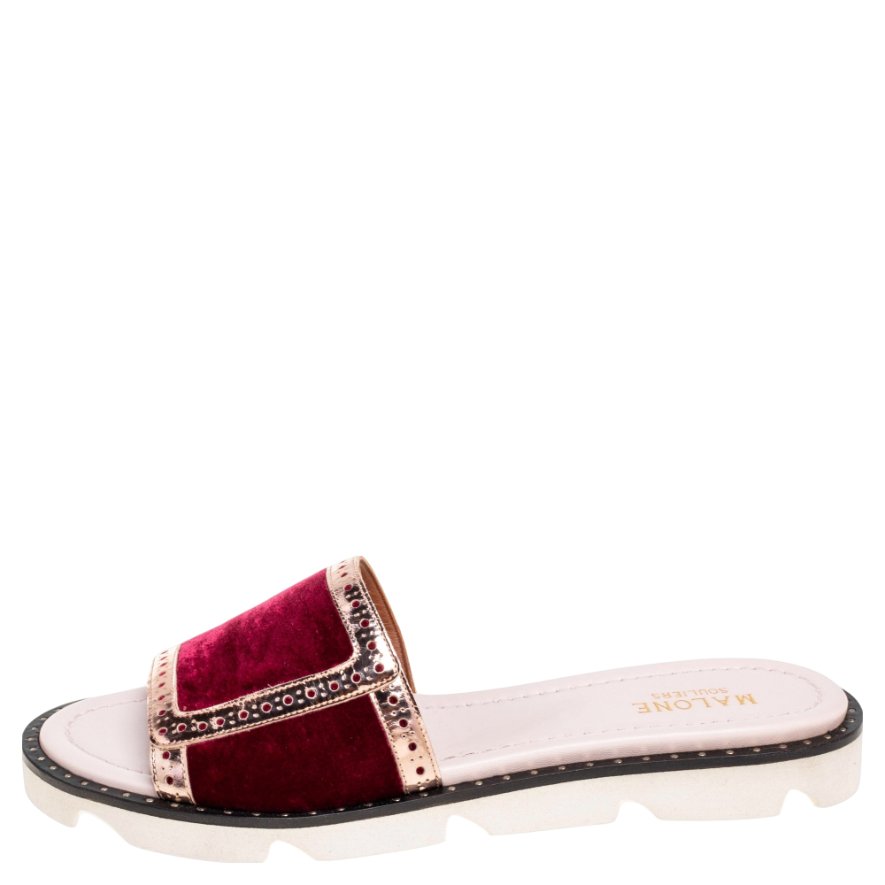 

Malone Souliers Burgundy Velvet And Foil Leather Flat Slides Size, Red