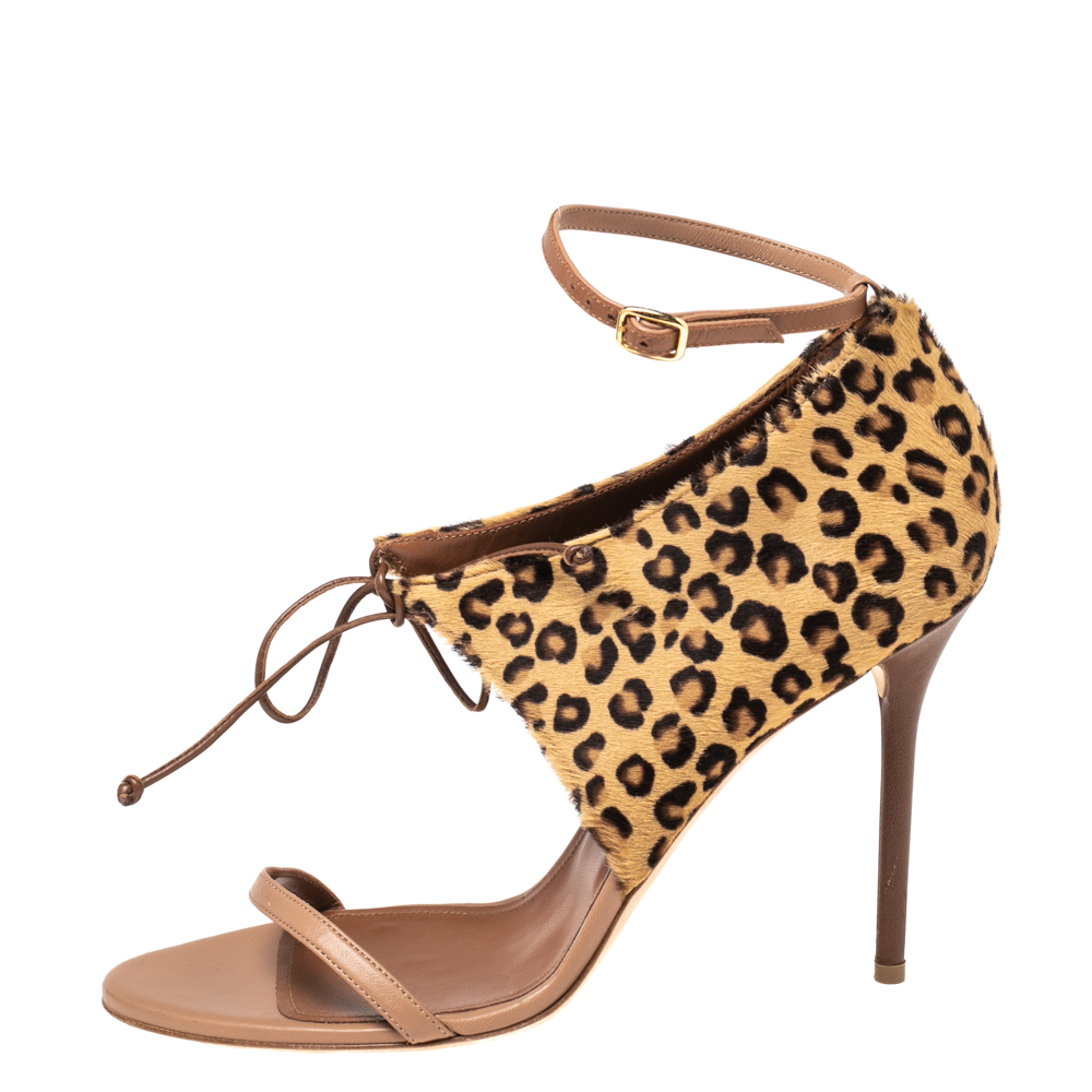 

Malone Souliers Brown Leopard Print Calfhair and Leather Johana Sandals Size