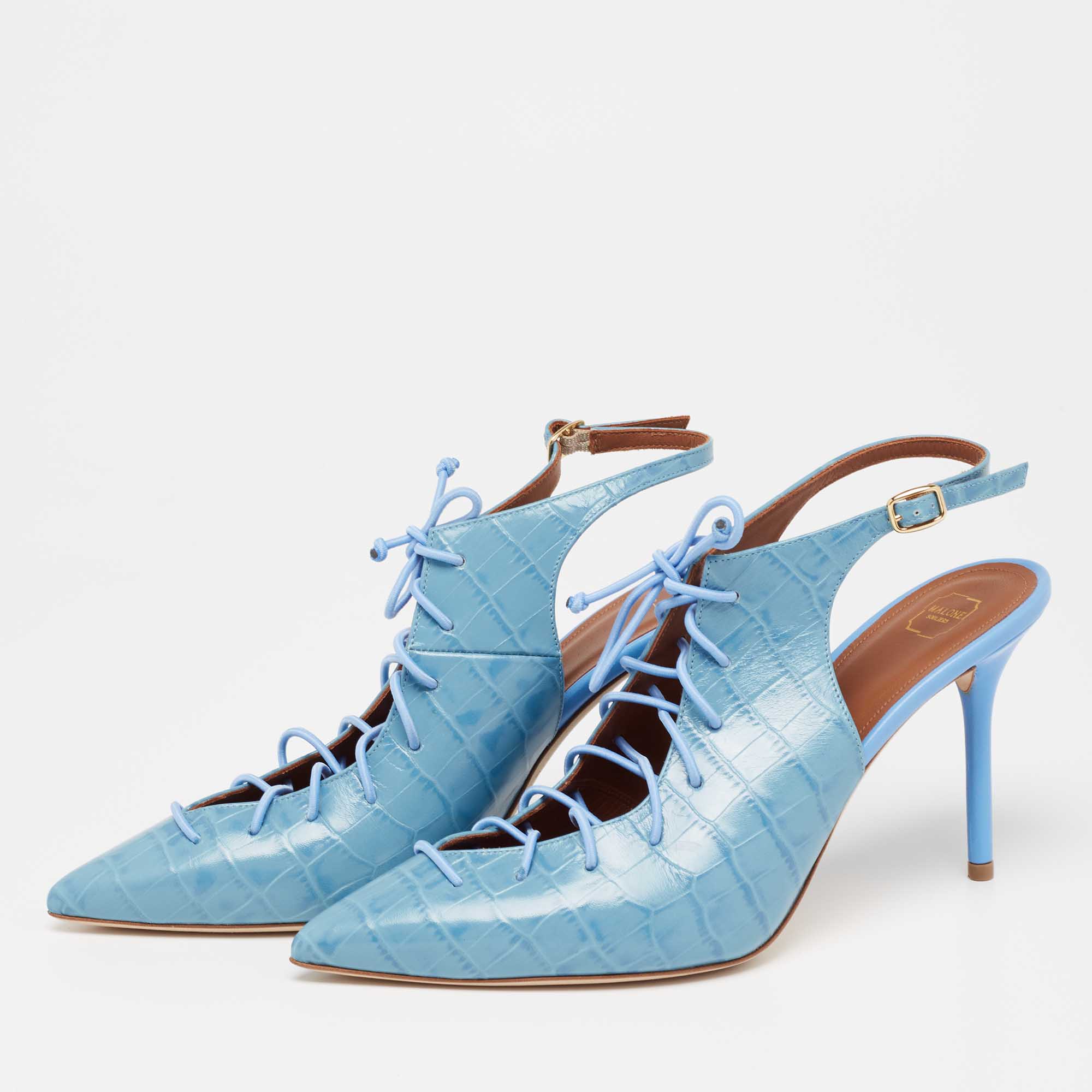 

Malone Souliers Blue Croc Embossed Leather Alessandra Sandals Size