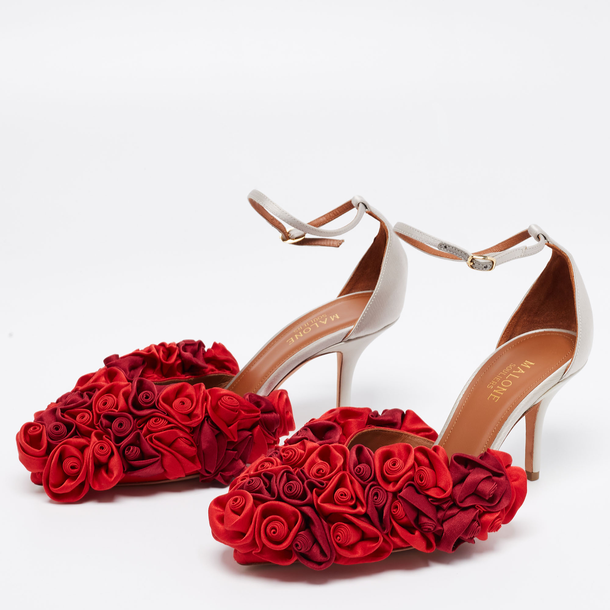 

Malone Souliers Red/Grey Satin Floral Embellished Penelope Ankle-Strap D'orsay Pumps Size