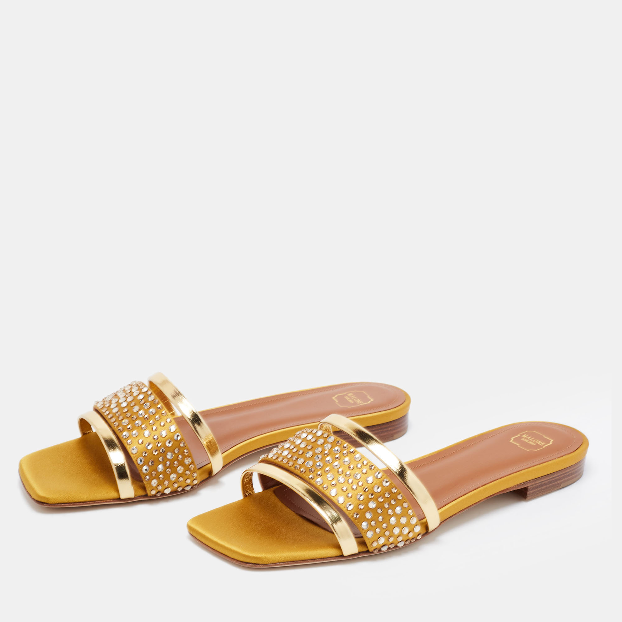 

Malone Souliers Gold/Yellow Satin And Leather Crystal Embellished Flat Sandals Size