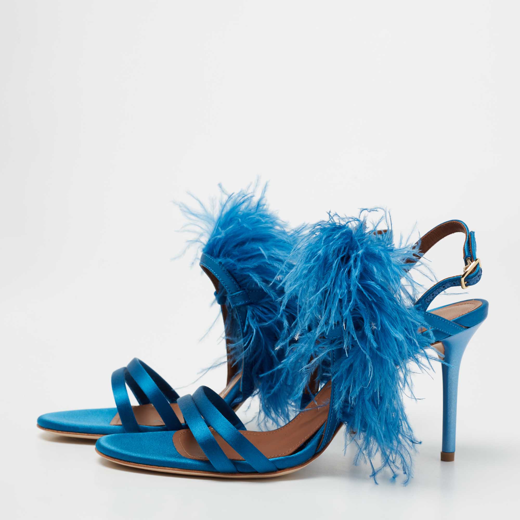 

Malone Souliers Blue Satin And Feathers Sonia Ankle Strap Sandals Size