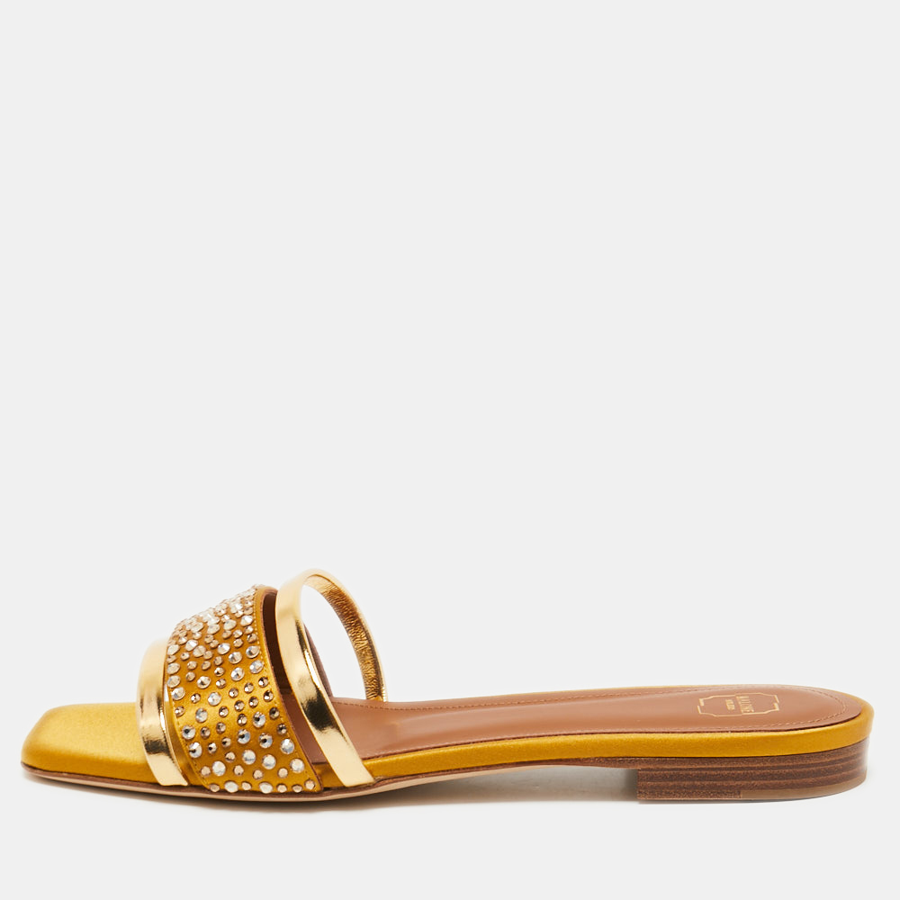 Pre-owned Malone Souliers Gold/yellow Satin And Leather Crystal Embellished Flat Slides Size 36.5 In Metallic