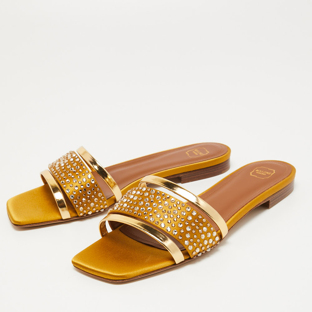

Malone Souliers Gold/Yellow Satin And Leather Crystal Embellished Flat Slides Size, Metallic