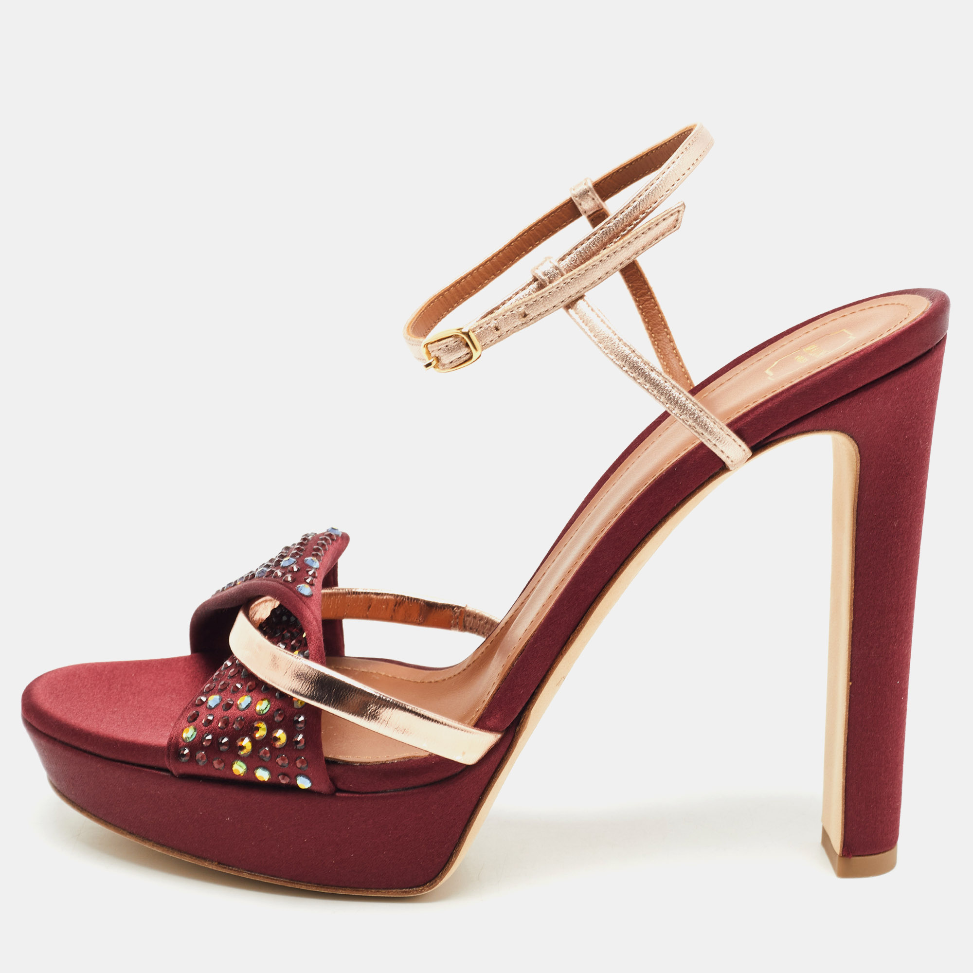 Pre-owned Malone Souliers Burgundy Satin And Leather Ankle Strap Sandals Size 39.5