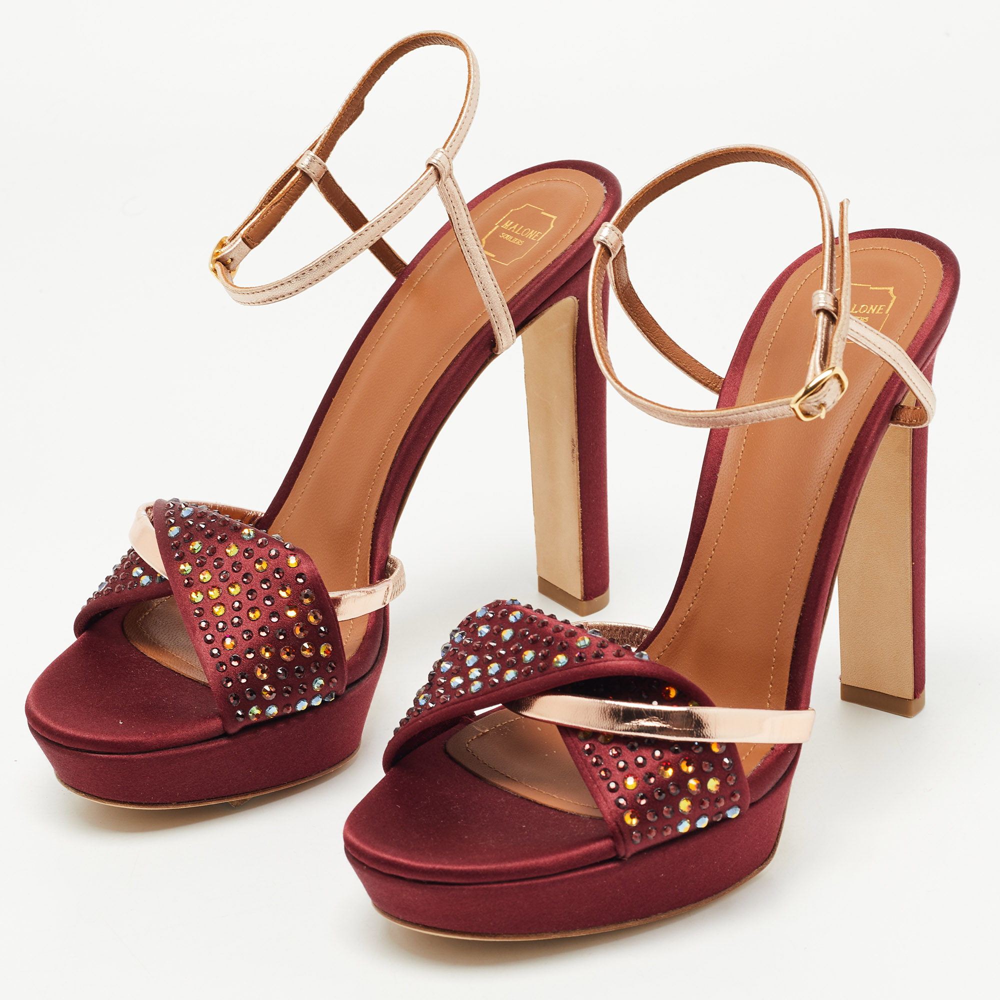 

Malone Souliers Burgundy Satin And Leather Ankle Strap Sandals Size