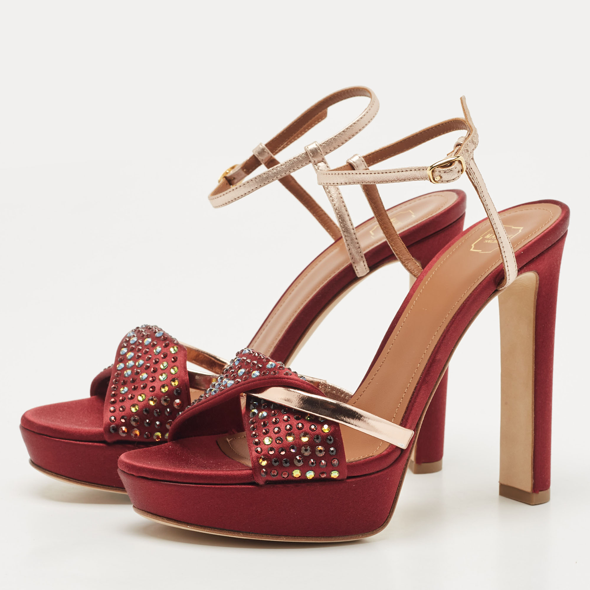 

Malone Souliers Burgundy Satin Embellished Platform Sandals Size