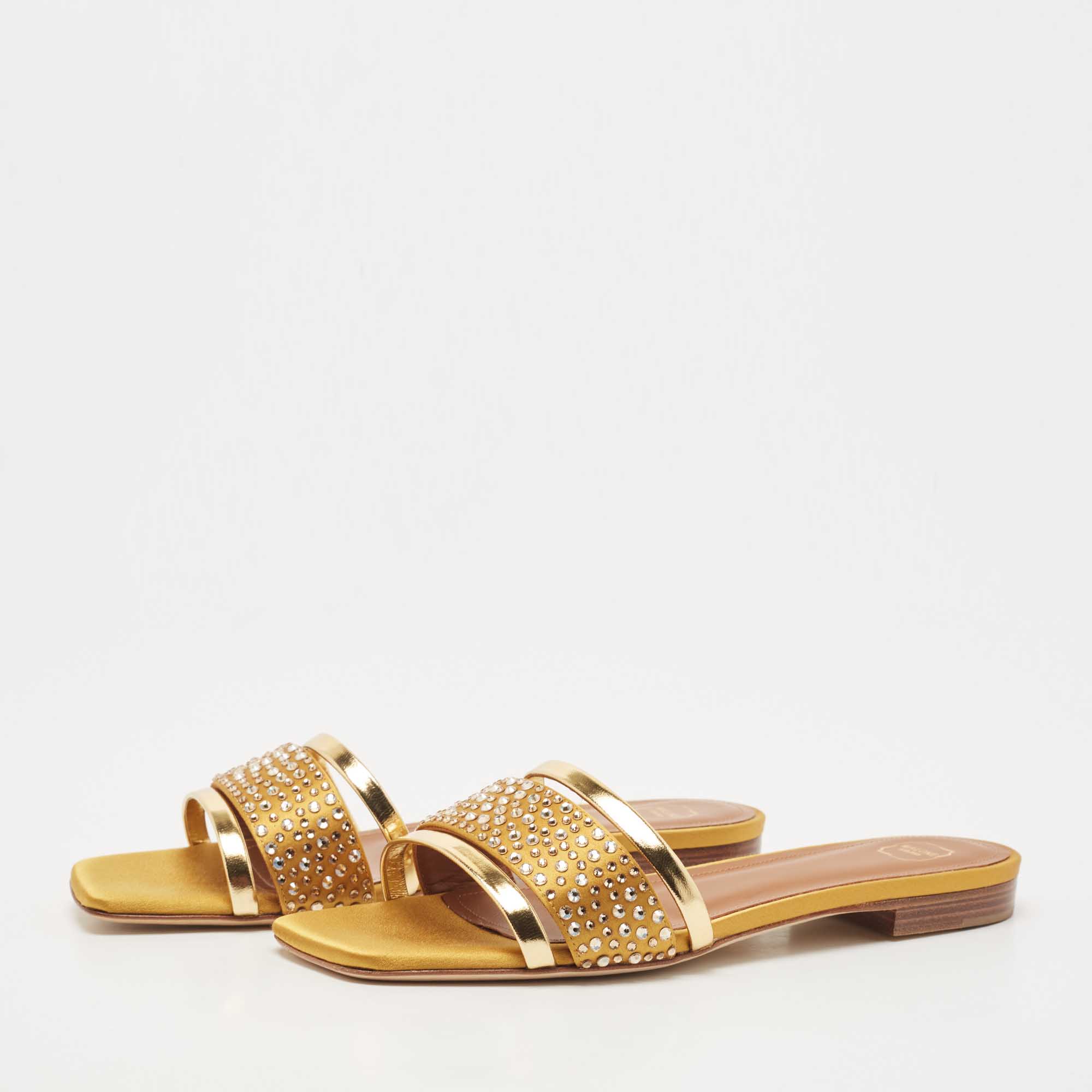 

Malone Souliers Gold/Mustard Satin and Leather Crystals Embellished Slide Flats Size