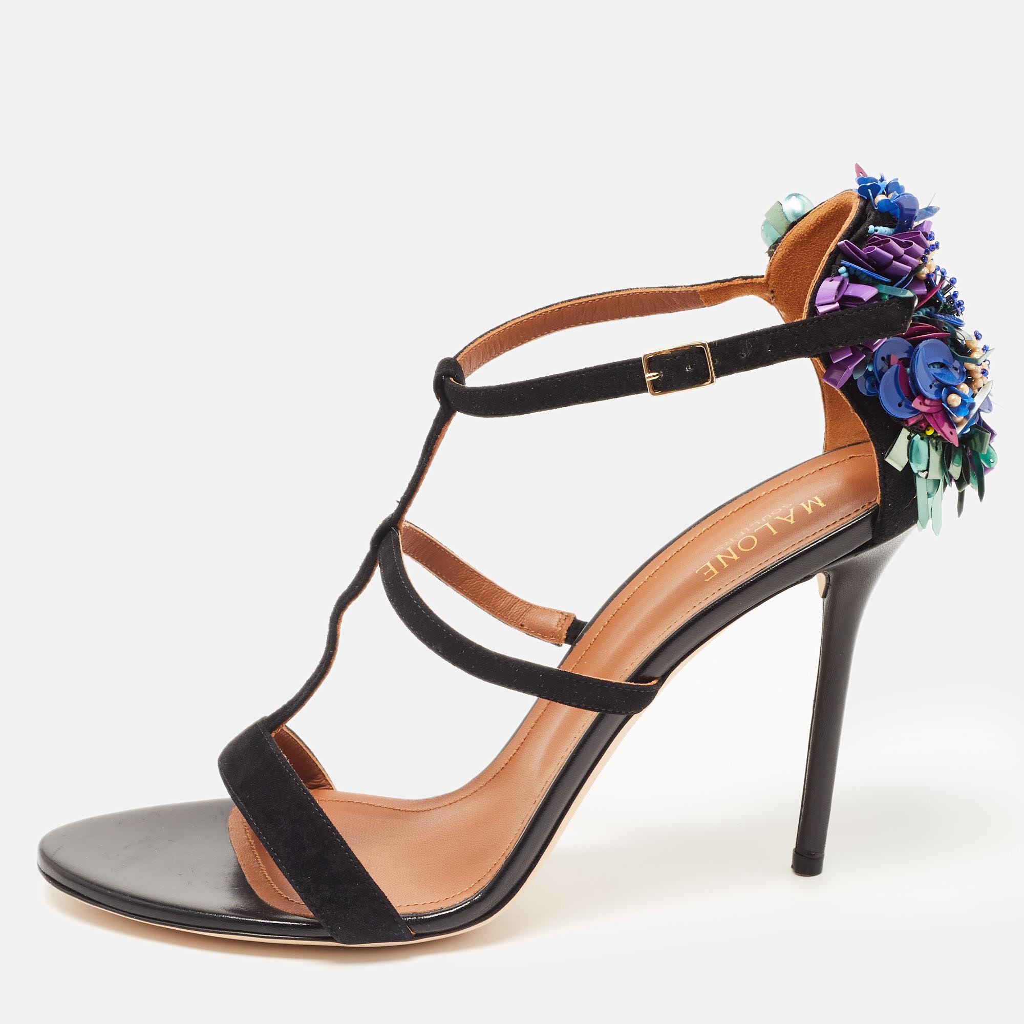 

Malone Souliers Black Suede Floral Embellished Ankle Strap Sandals Size