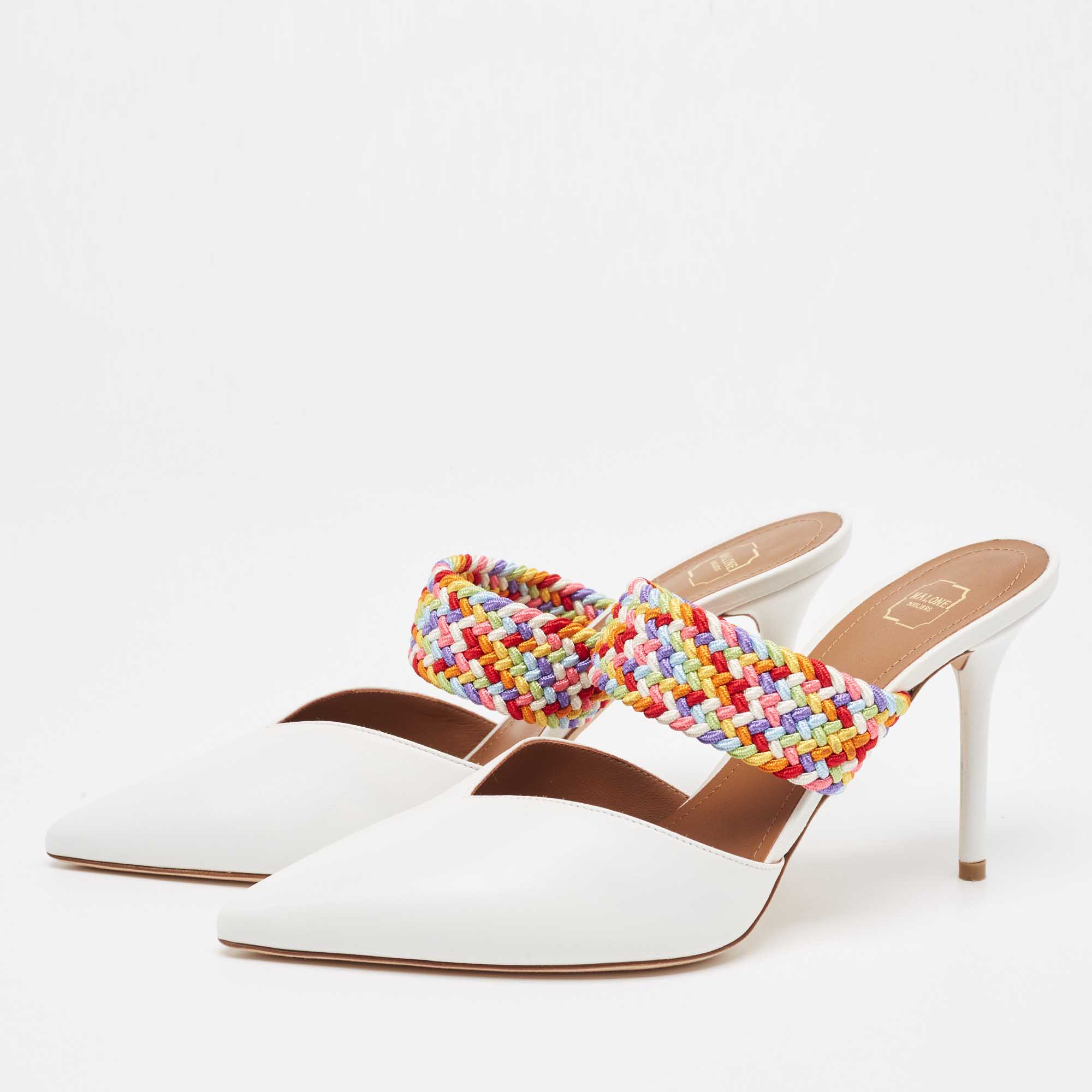 

Malone Souliers White/Multicolor Leather and Woven Fabric Maisie Mules Size