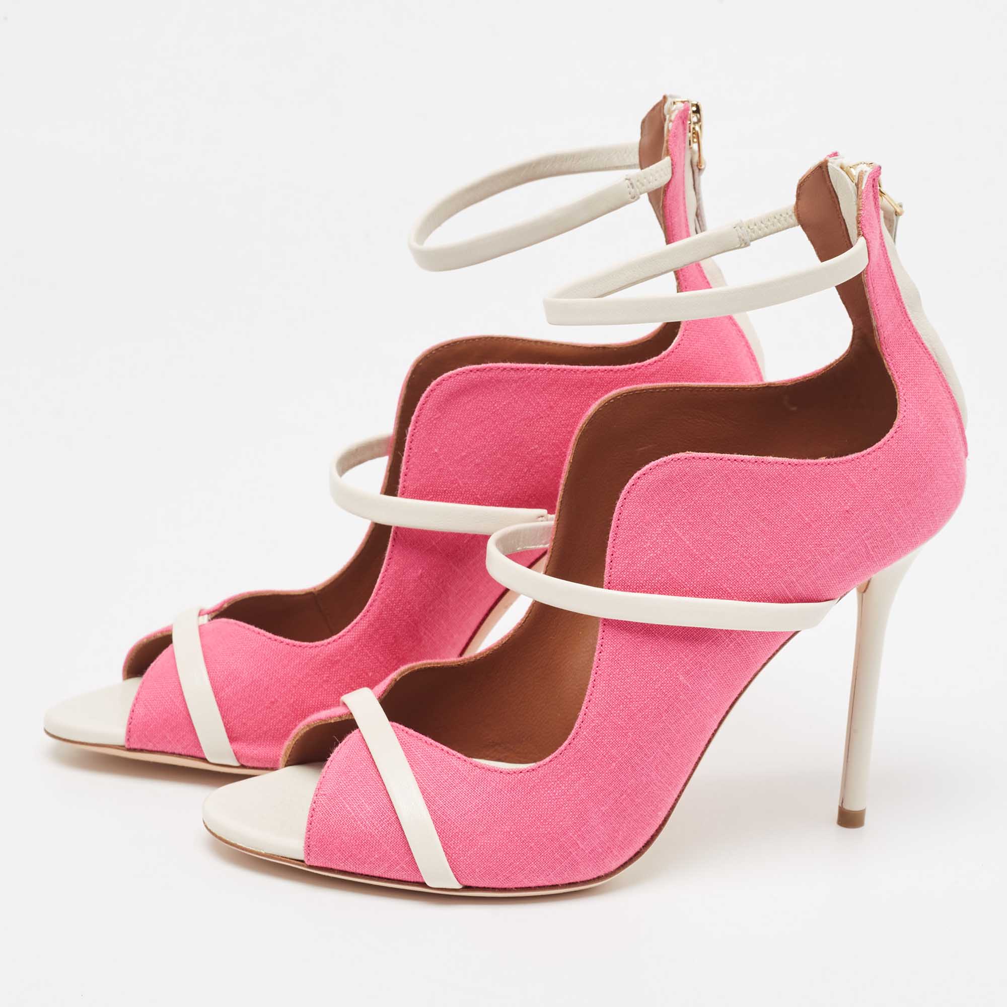 

Malone Souliers Pink/Cream Canvas Mika Ankle Strap Pumps Size