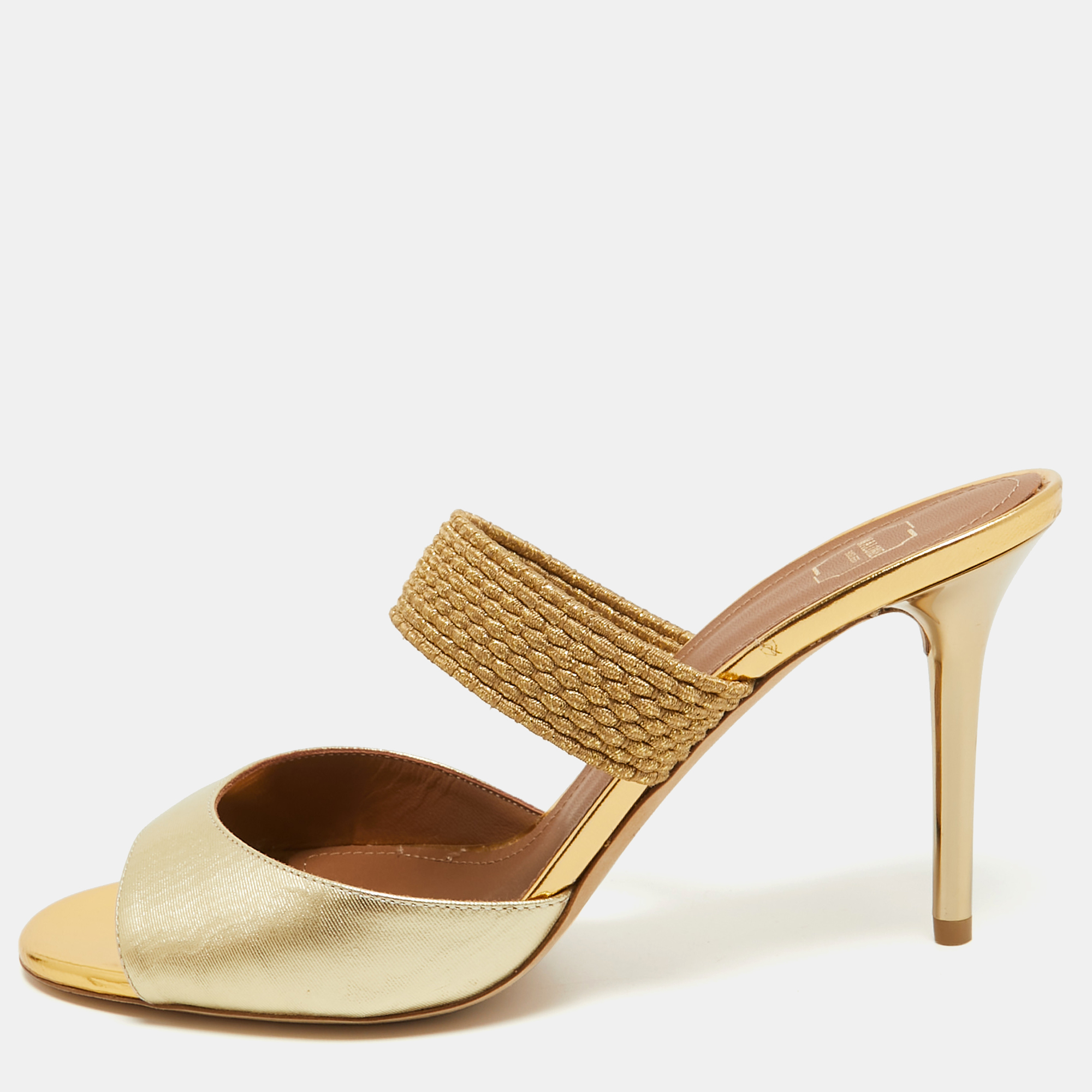 

Malone Souliers Gold Leather and Woven Lurex Milena Slides Size