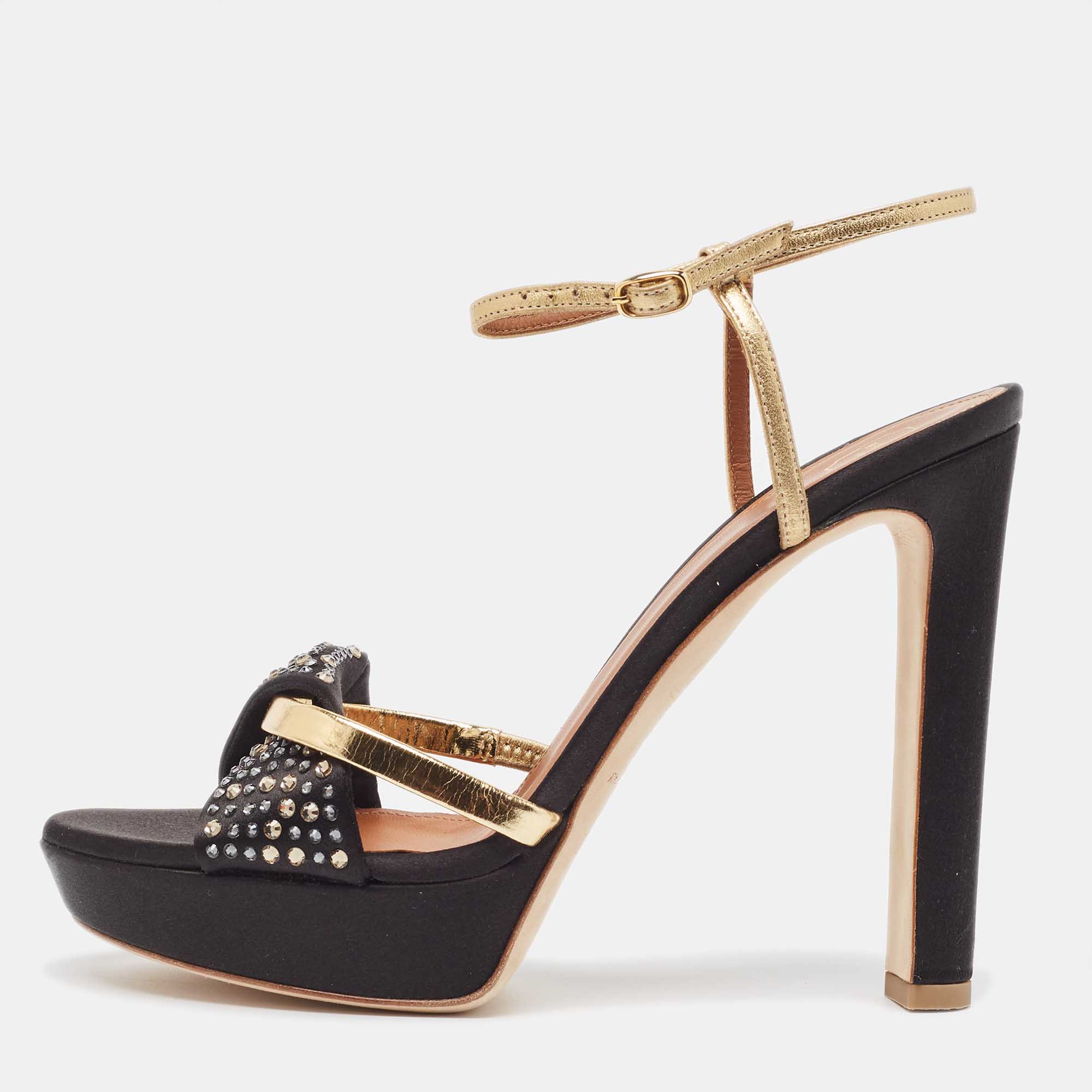 

Malone Souliers Black/Gold Satin and Leather Lauren Platform Sandals Size