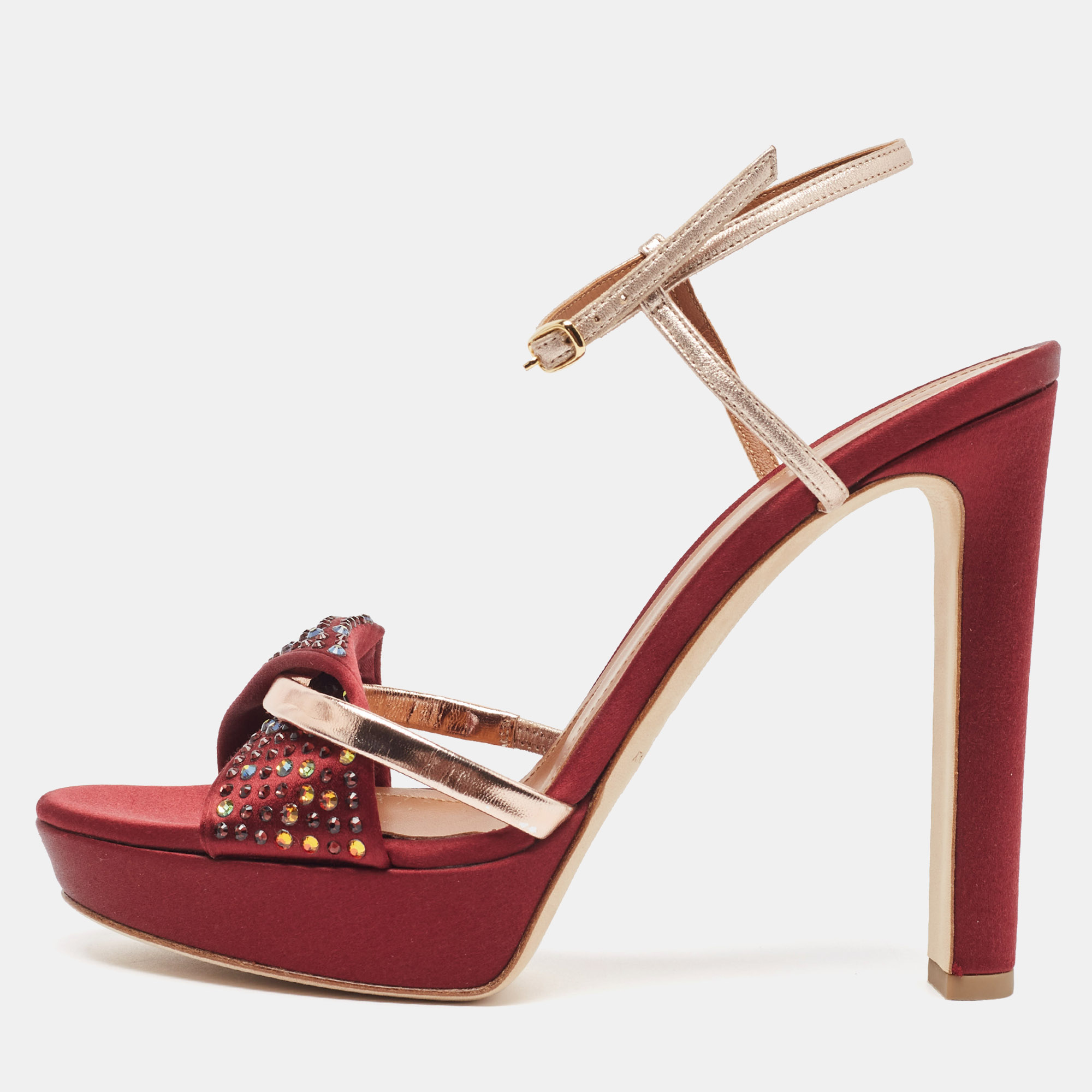 

Malone Souliers Burgundy/Rose Gold Satin and Leather Lauren Platform Sandals Size