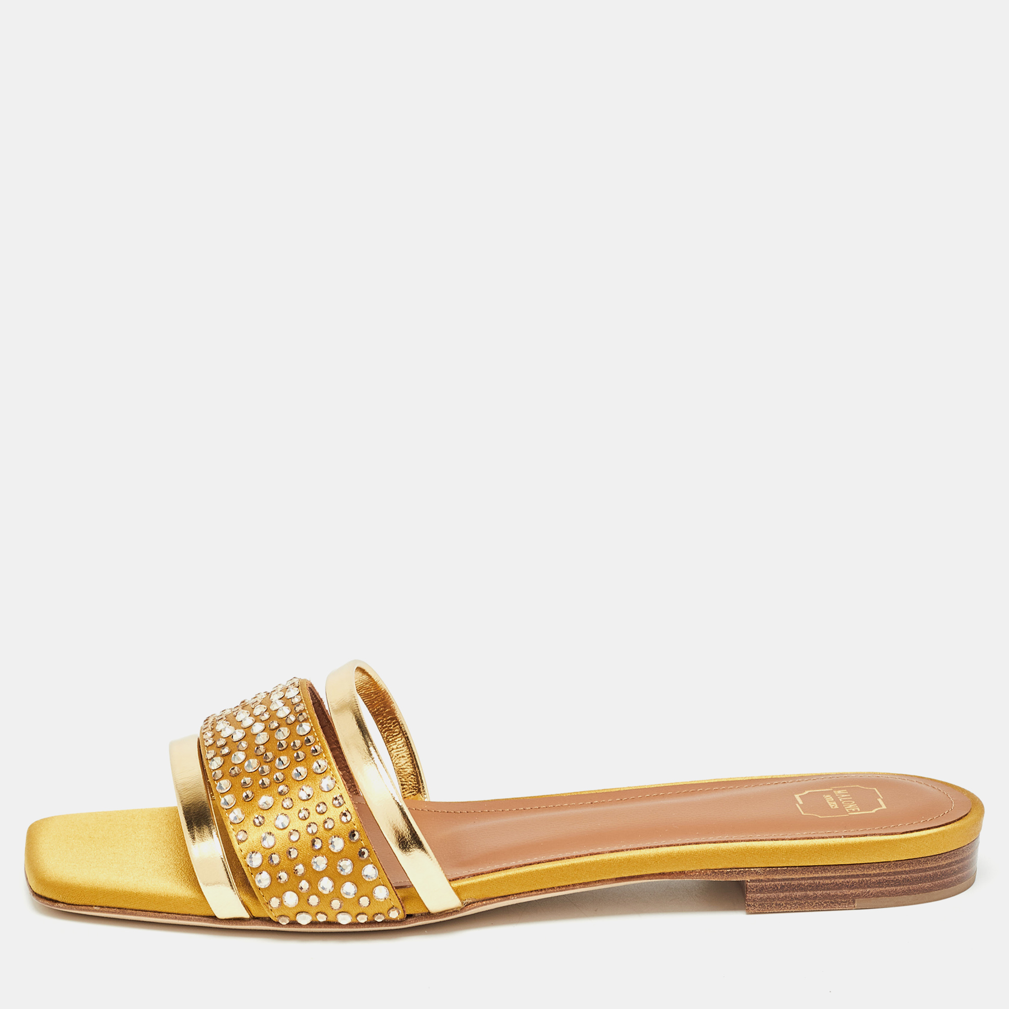 

Malone Souliers Gold/Mustard Leather and Satin Rosa Flat Slides Size