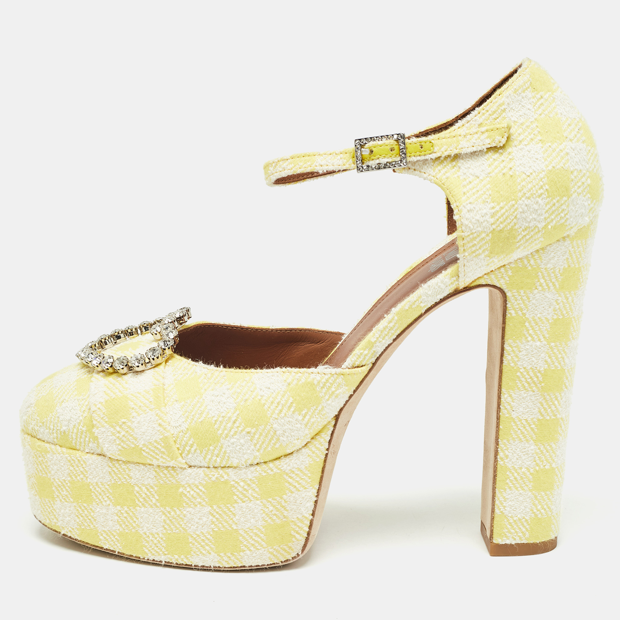 

Malone Souliers Yellow/White Fabric Crystal Embellished Ankle Strap Sandals Size