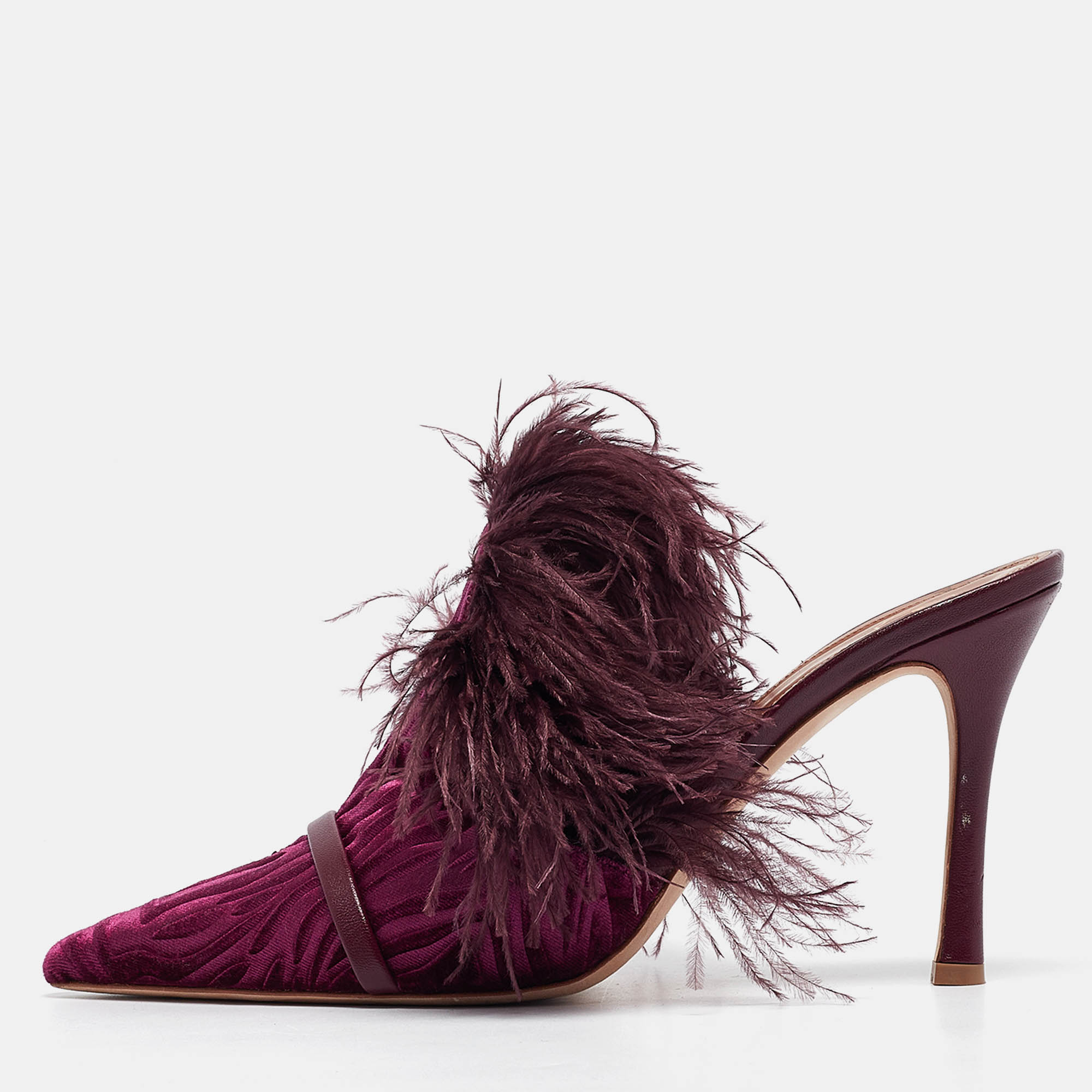 

Malone Souliers Burgundy Velvet and Feather Slide Sandals Size