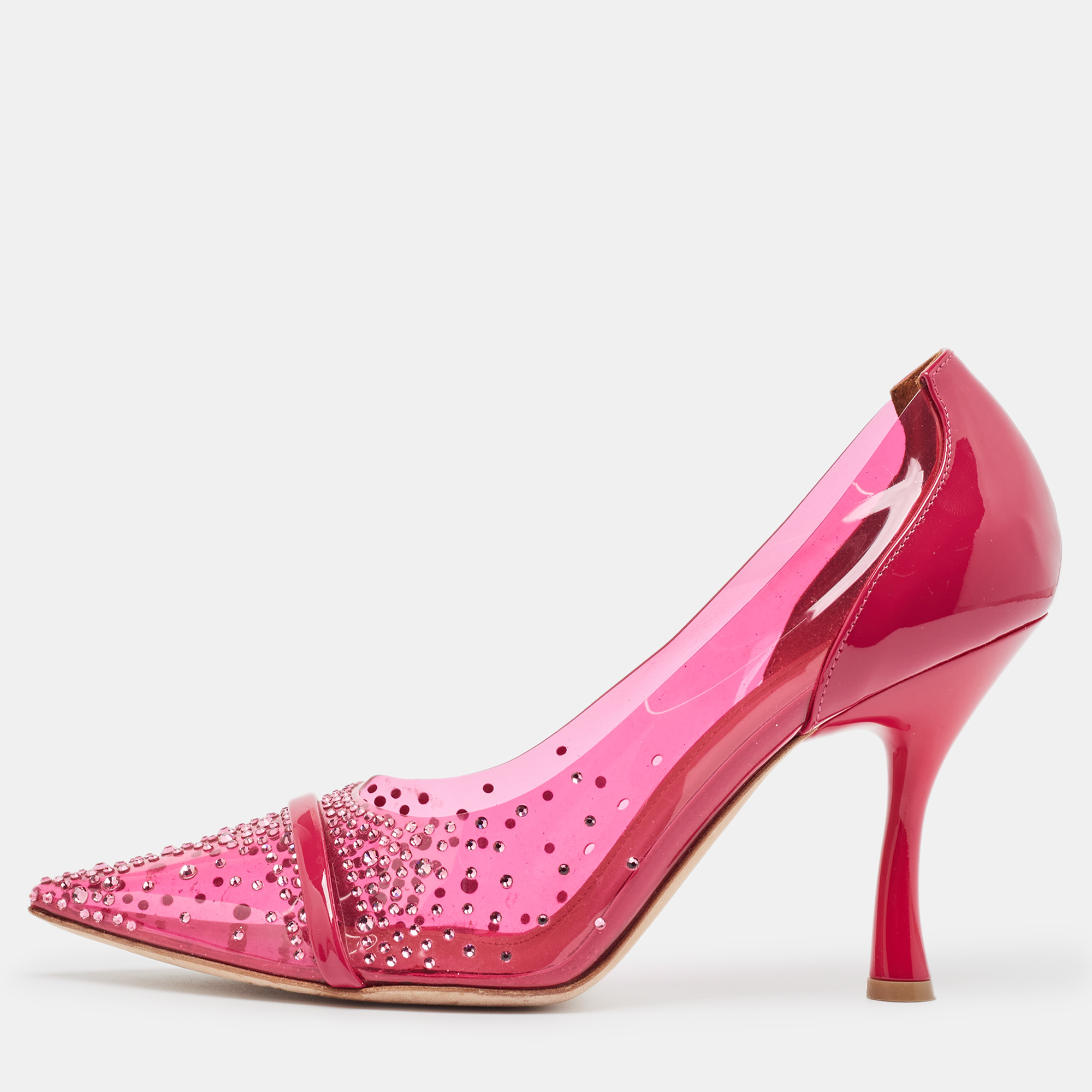 Pre-owned Malone Souliers Pink Pvc And Patent Joan Crystal Embellished Pumps Size 40