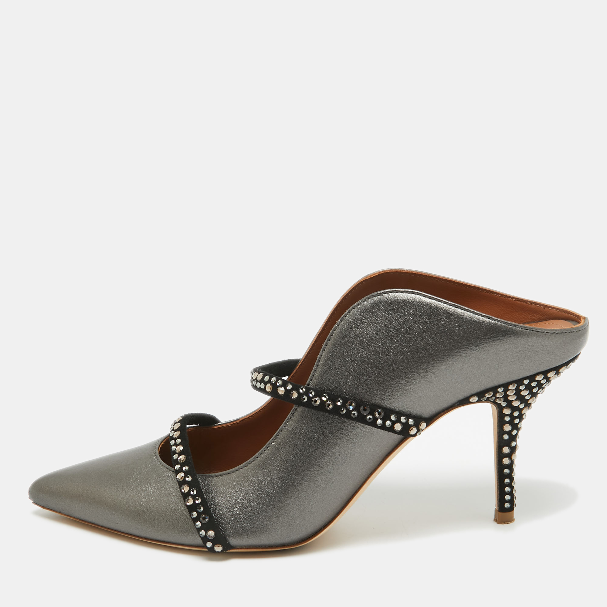 

Malone Souliers Grey/Black Leather and Suede Crystal Embellished Maureen Mules Size