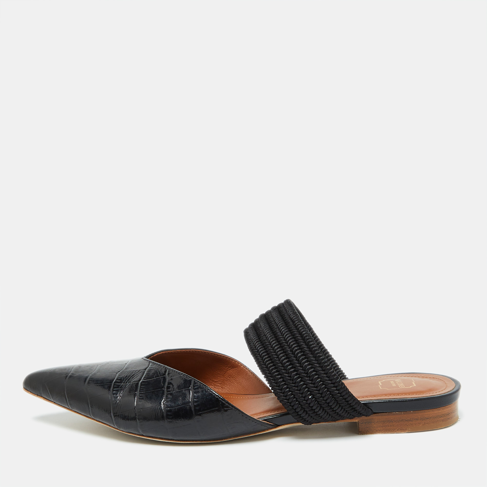 

Malone Souliers Black Croc Embossed Leather Maisie Flat Sandals