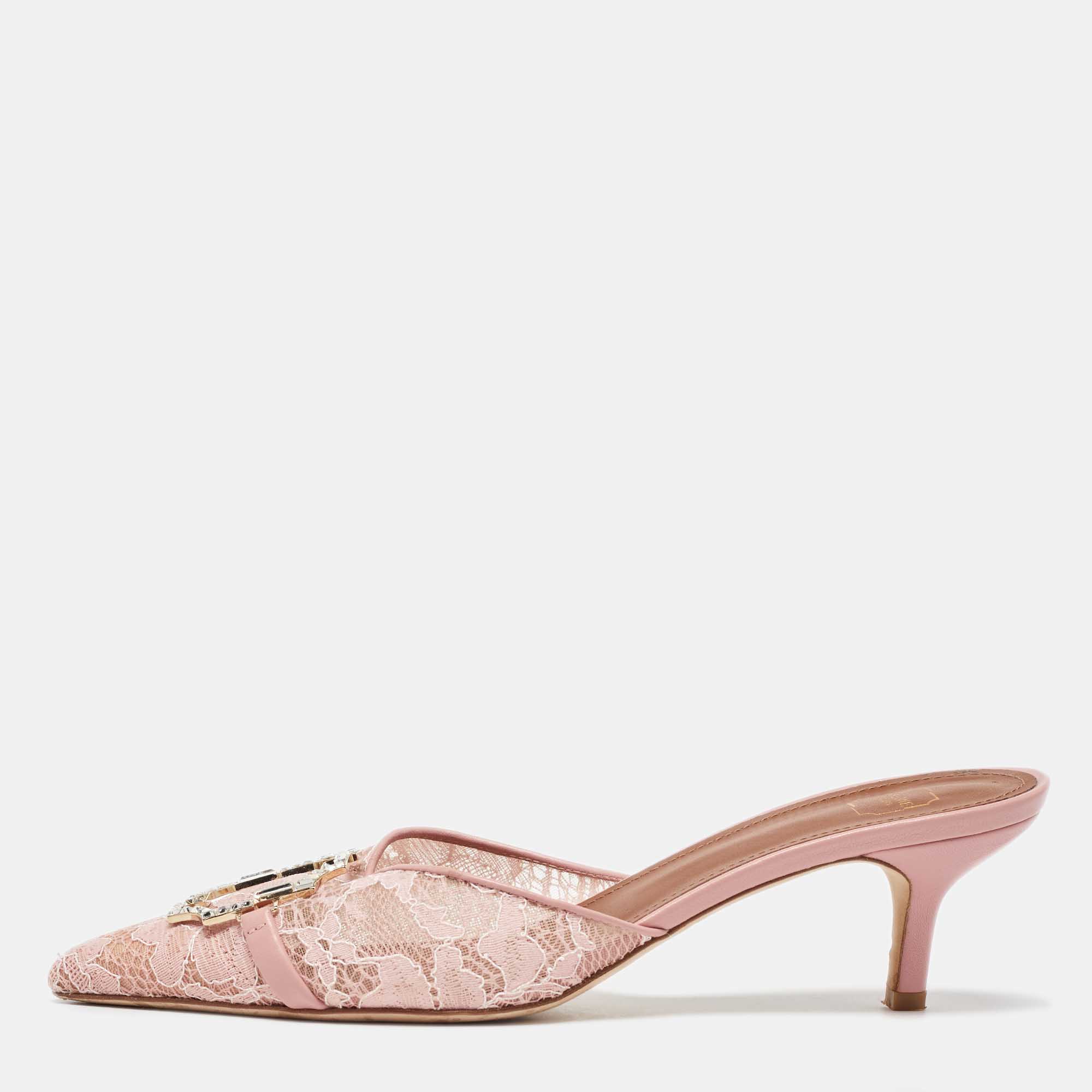 

Malone Souliers Pink Lace and Leather Mules Size