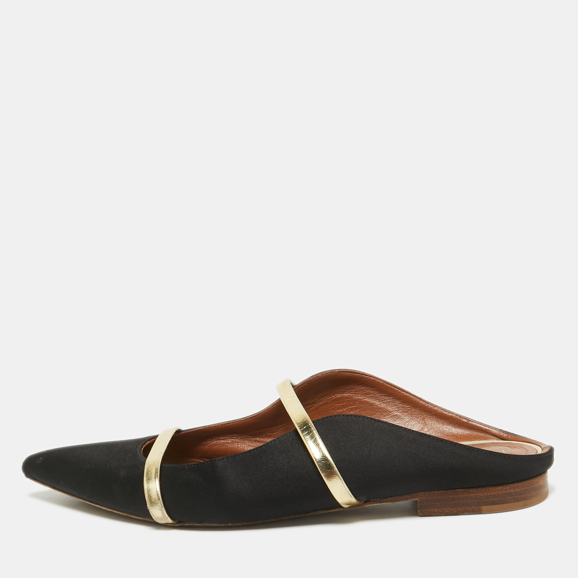 

Malone Souliers Black/Gold Satin and Leather Maureen Flat Mules Size