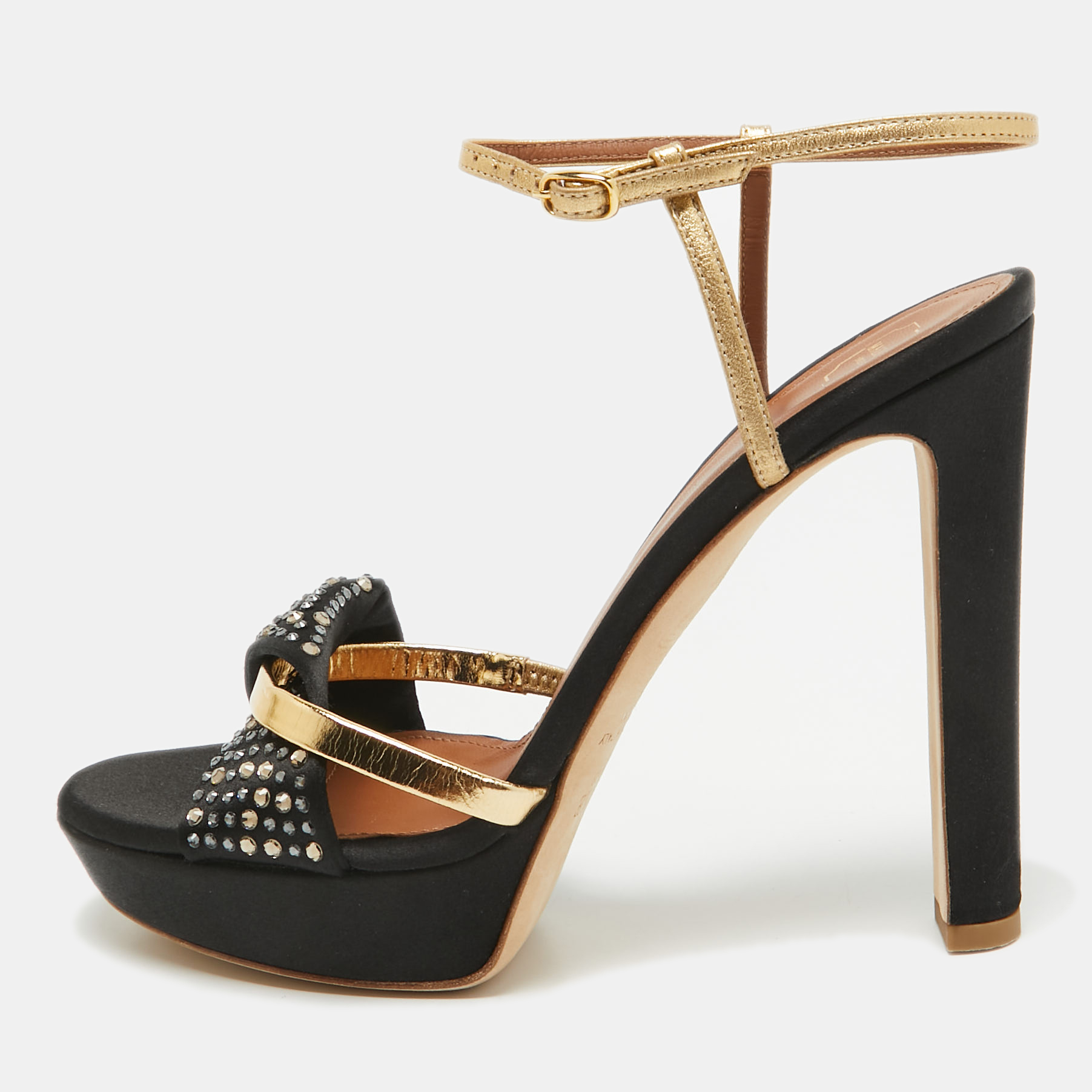 

Malone Souliers Black/Gold Satin and Leather Lauren Crystals Sandals Size