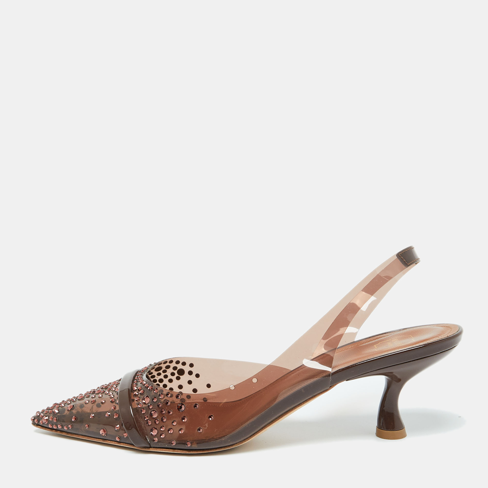 

Malone Souliers Brown PVC Crystal Embellished Juliet Slingback Pumps Size