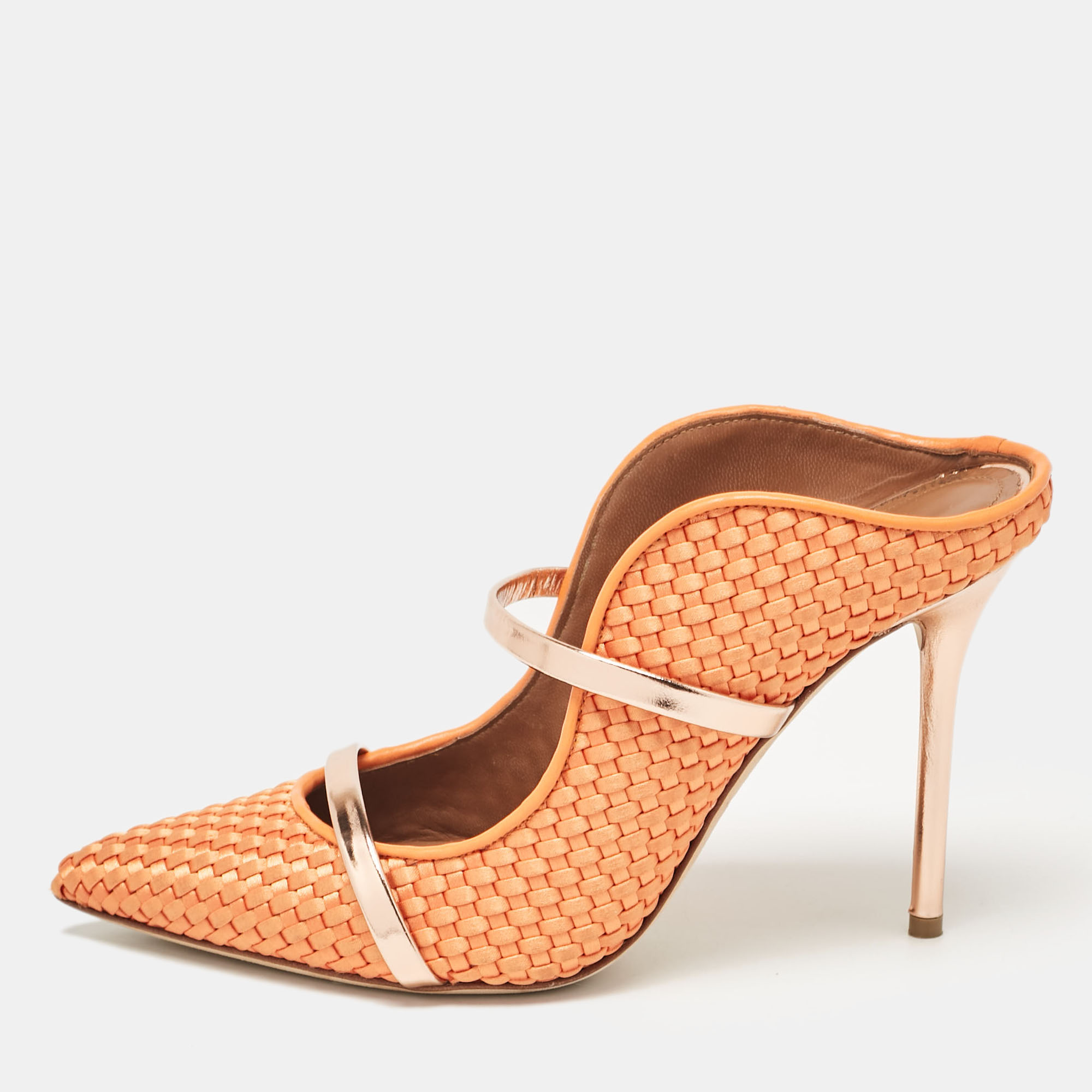 

Malone Souliers Orange/Rose Gold Woven Satin and Leather Maureen Mules Size