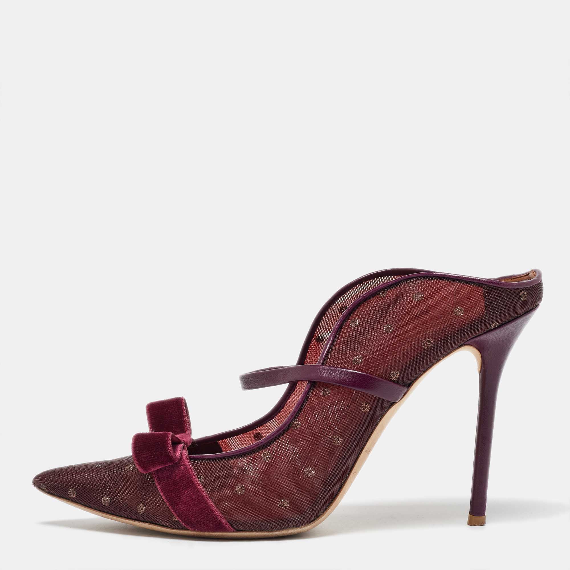 

Malone Souliers Burgundy Mesh and Velvet Bow Margueritee Mules Size