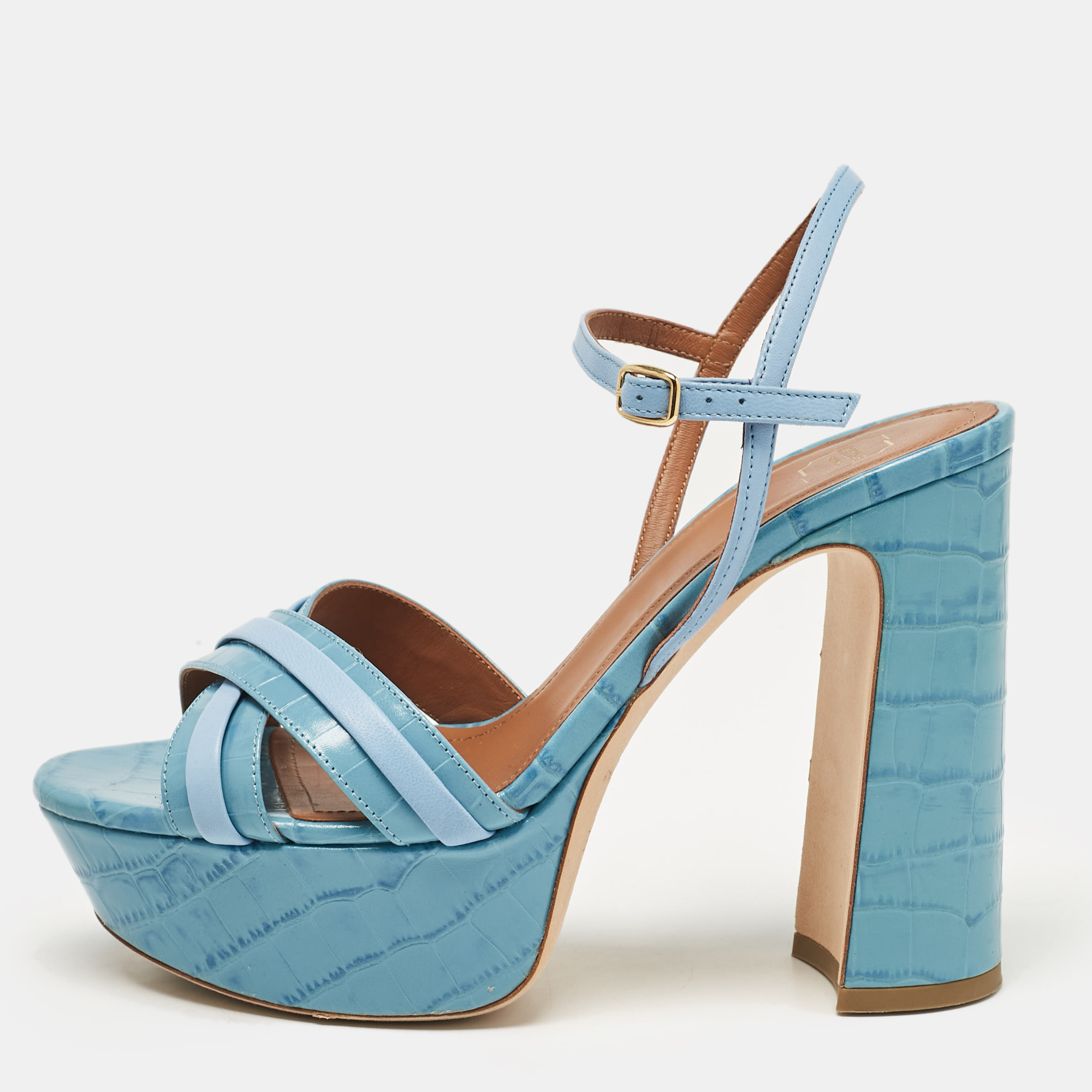 

Malone Souliers Blue Croc Embossed Leather Mila Platform Ankle Strap Sandals Size