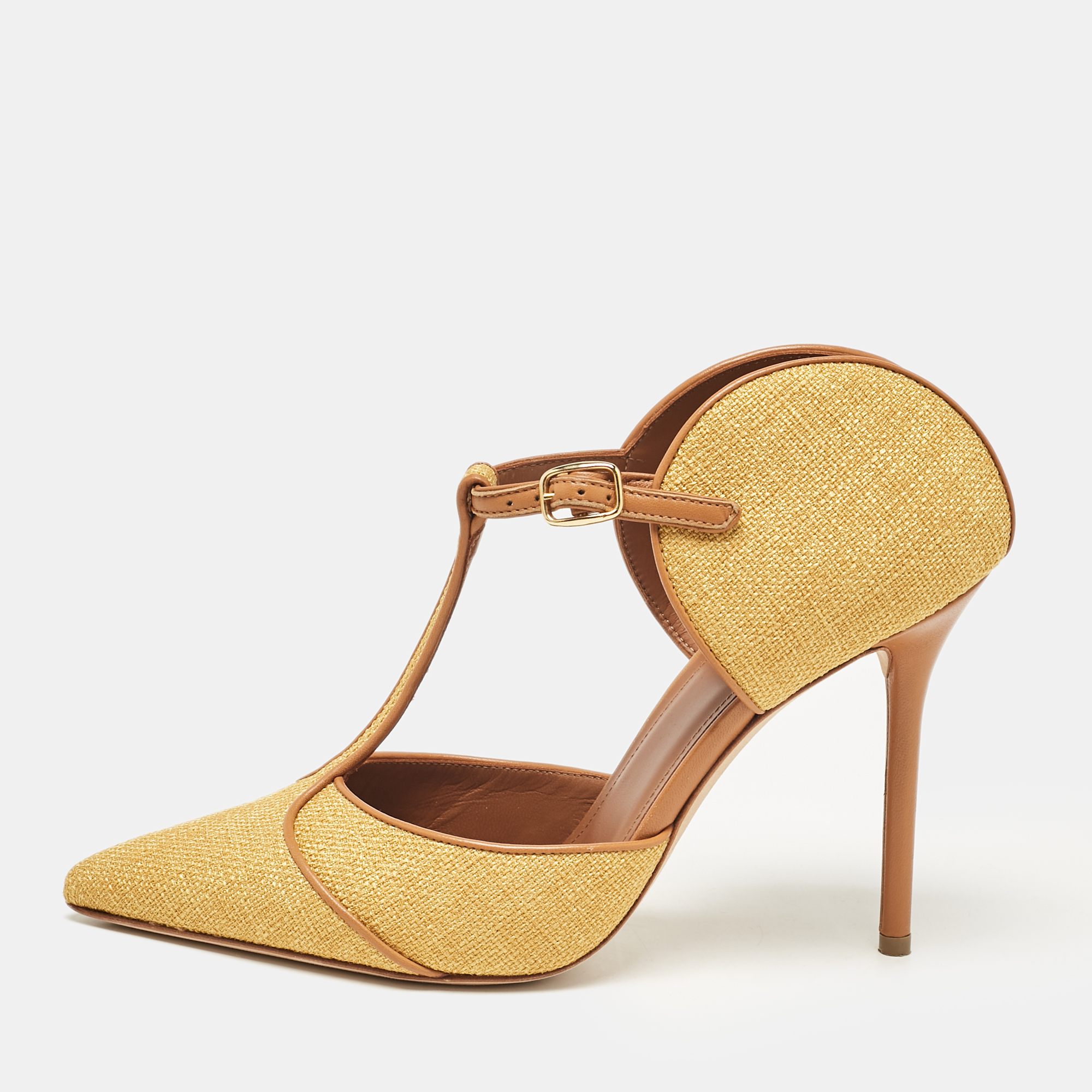 

Malone Souliers Yellow/Brown Canvas and Raffia Trim Imogen Pumps Size