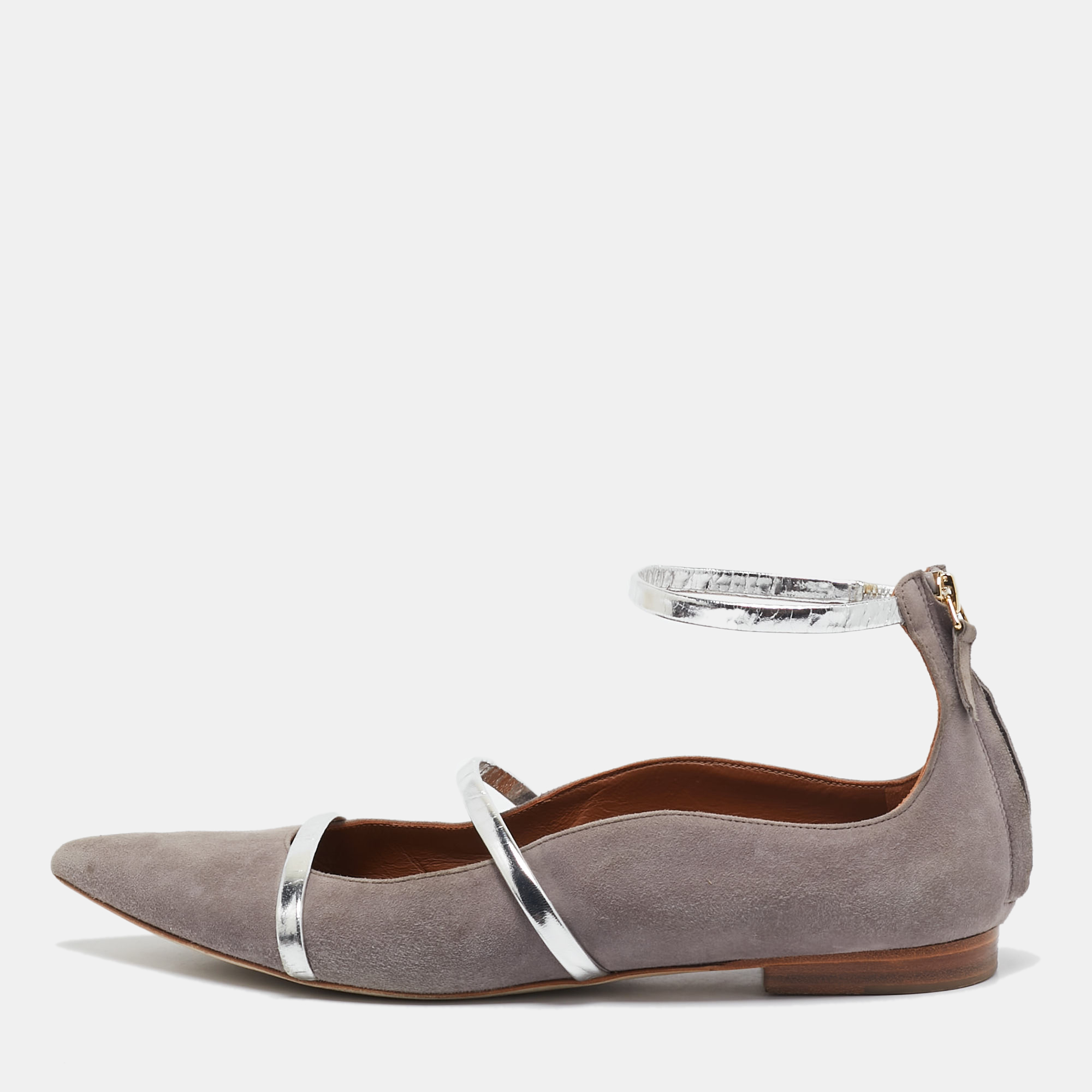 

Malone Souliers Grey/Silver Suede and Leather Ankle Strap Ballet Flats Size