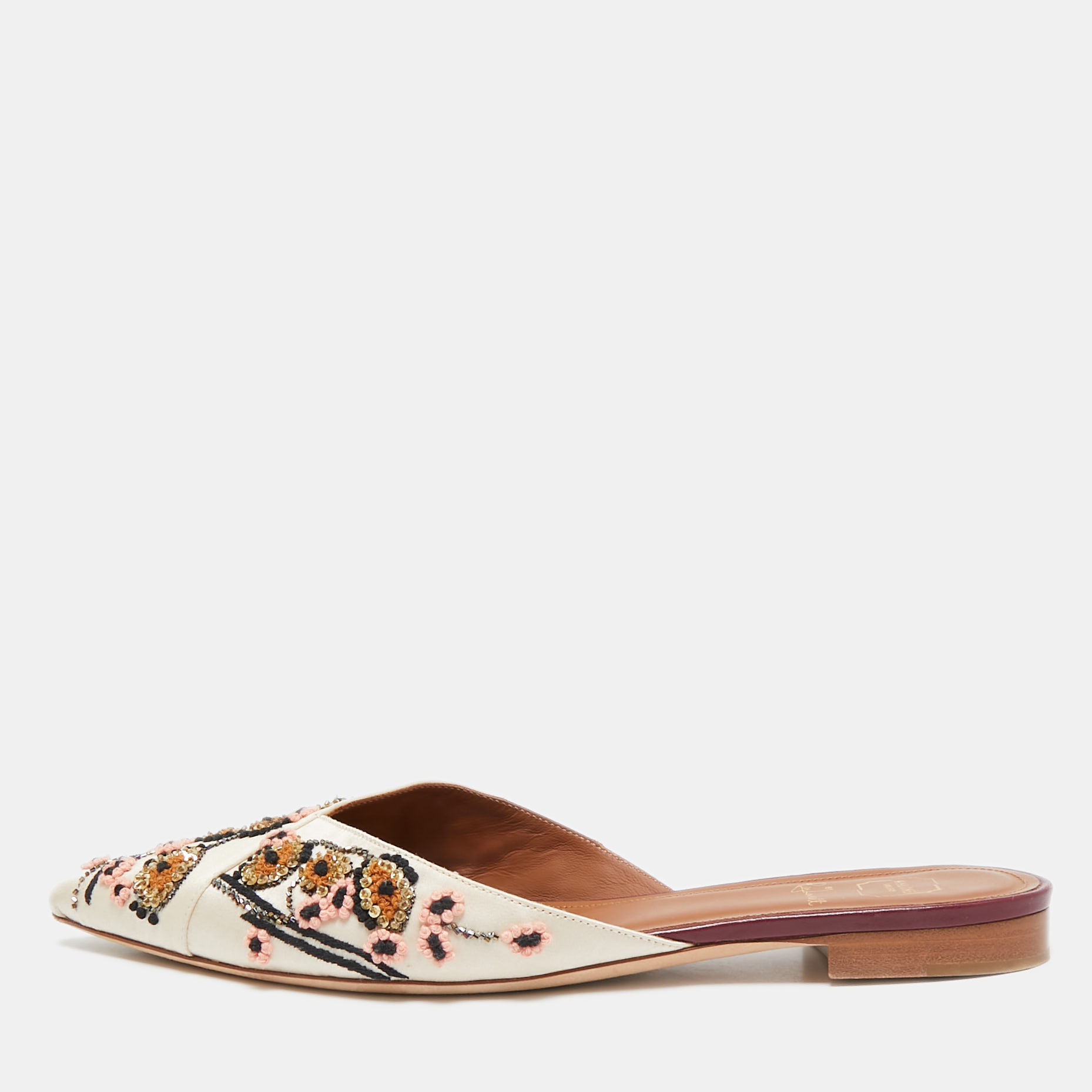 

Malone Souliers Off White Satin Floral Embroidered Flat Mules Size