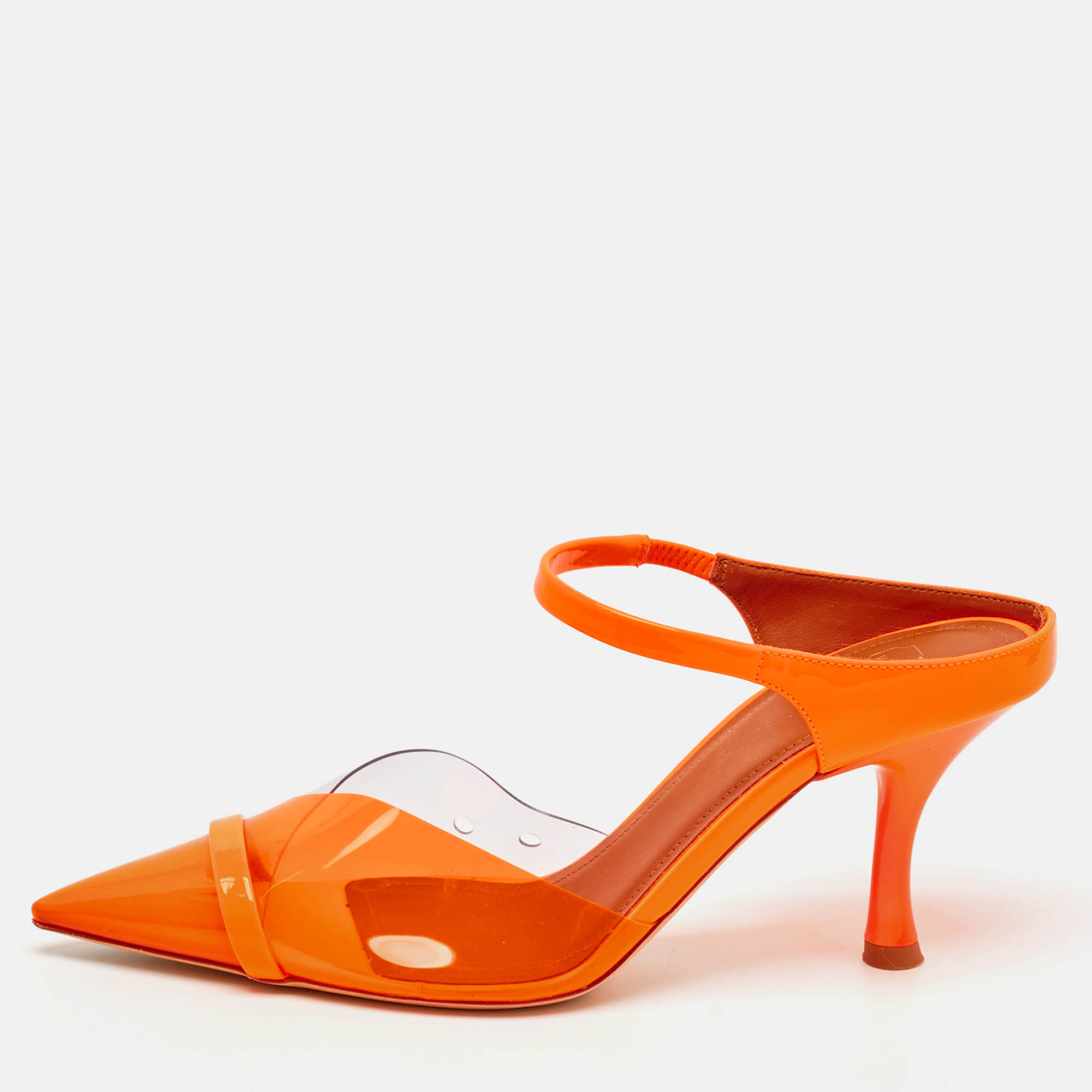 

Malone Souliers Neon Orange PVC and Patent Leather Lona Mules Size