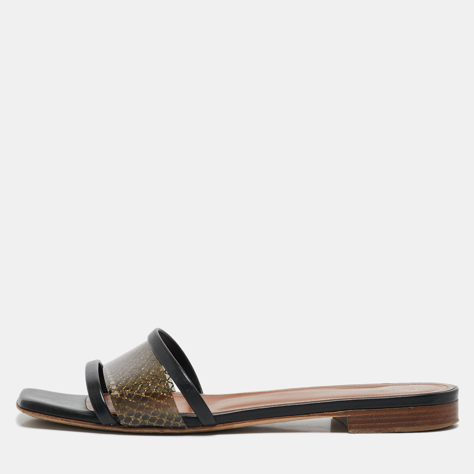 

Malone Souliers Black/Gold Leather and PVC Demi Flat Slides Size