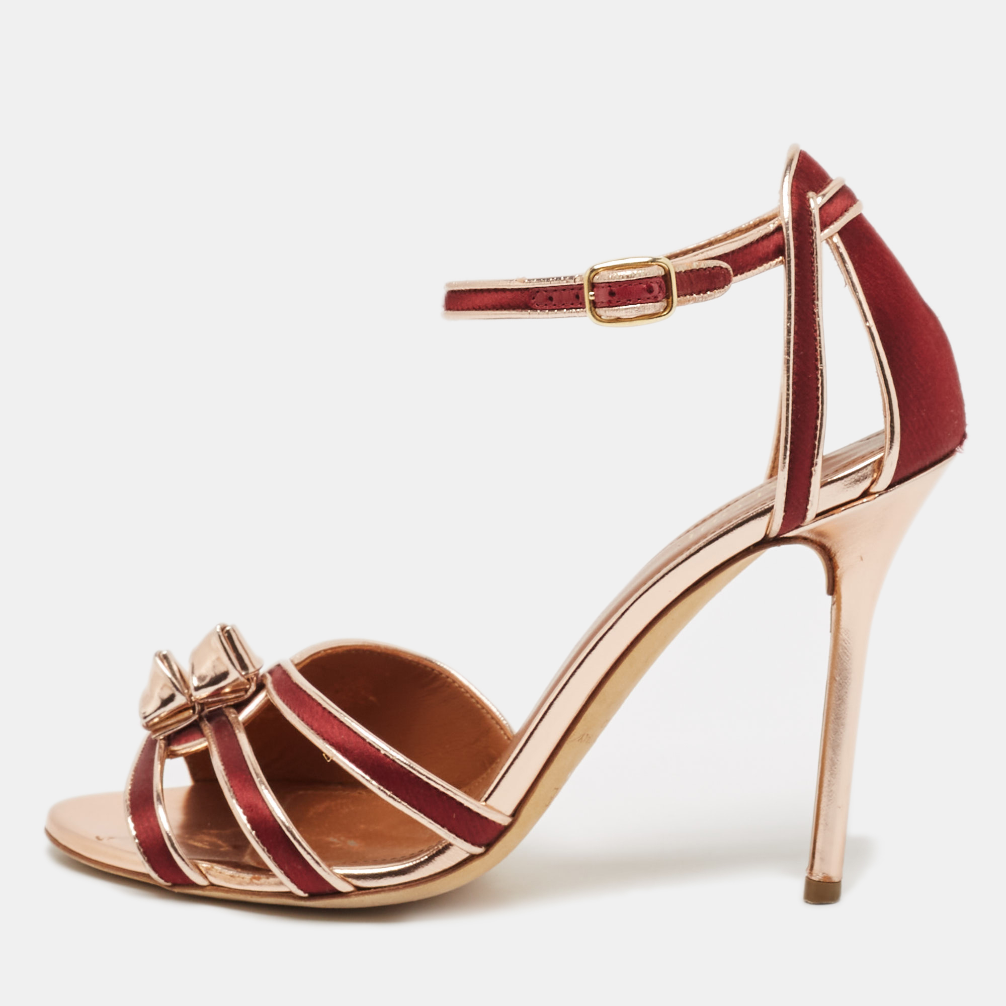 

Malone Souliers Burgundy/Gold Leather and Satin Ankle Strap Sandals Size