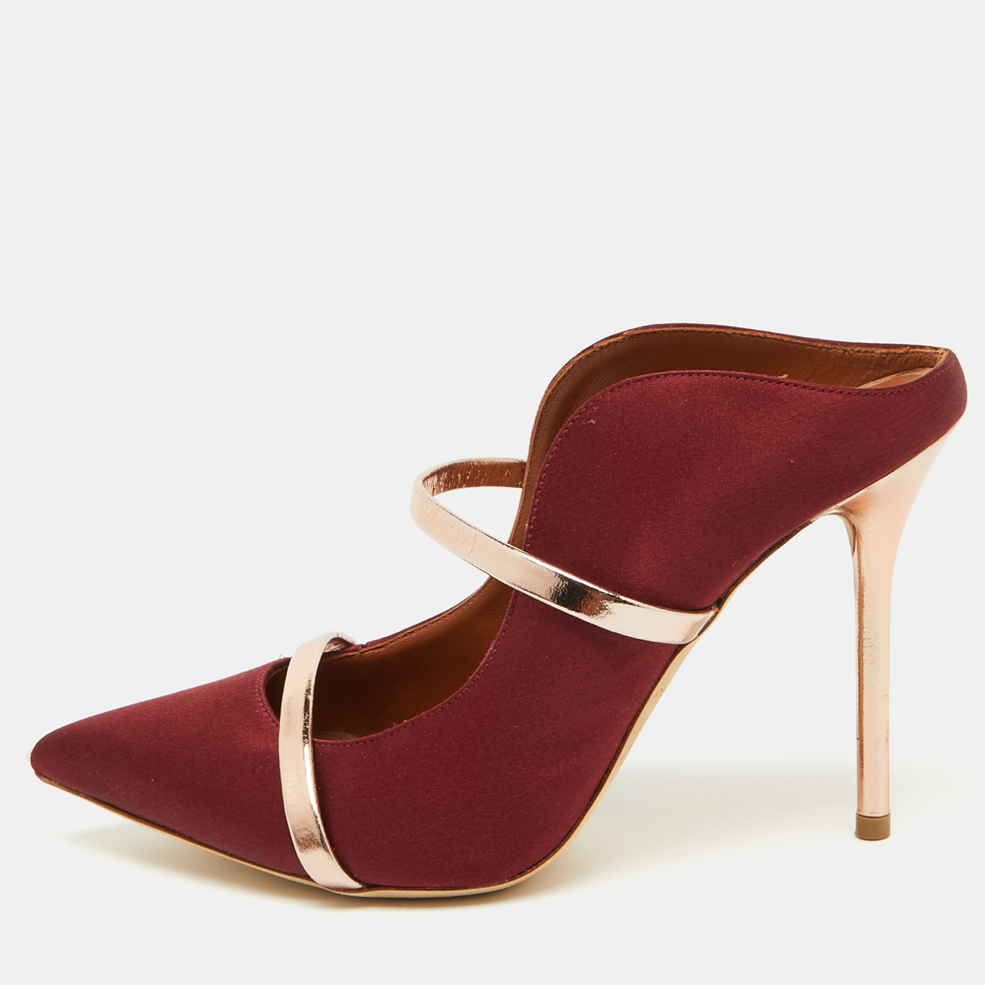 

Malone Souliers Burgundy/Rose Gold Satin and Leather Maureen Mules Size