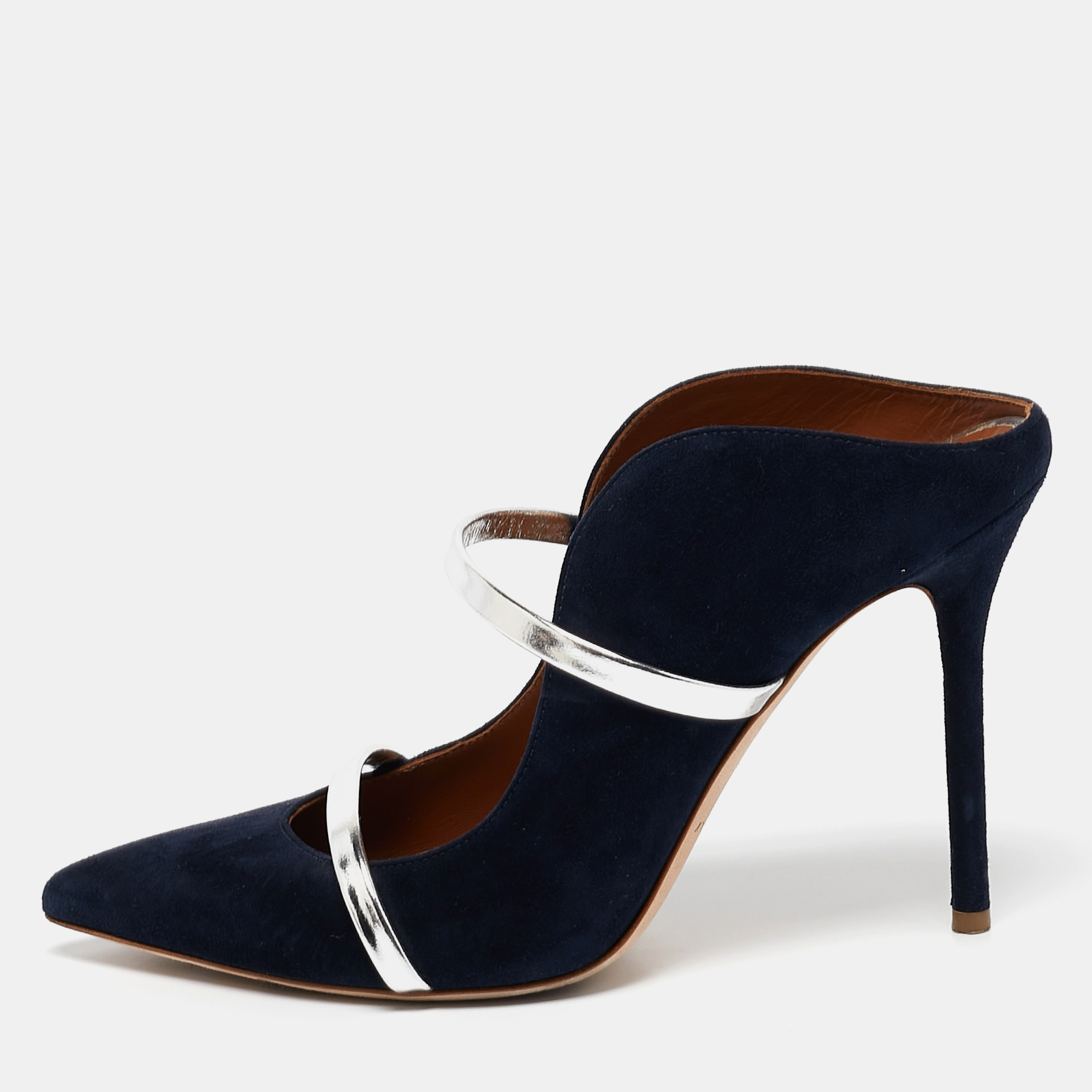 

Malone Souliers Navy Blue/Silver Suede and Leather Maureen Mules Size