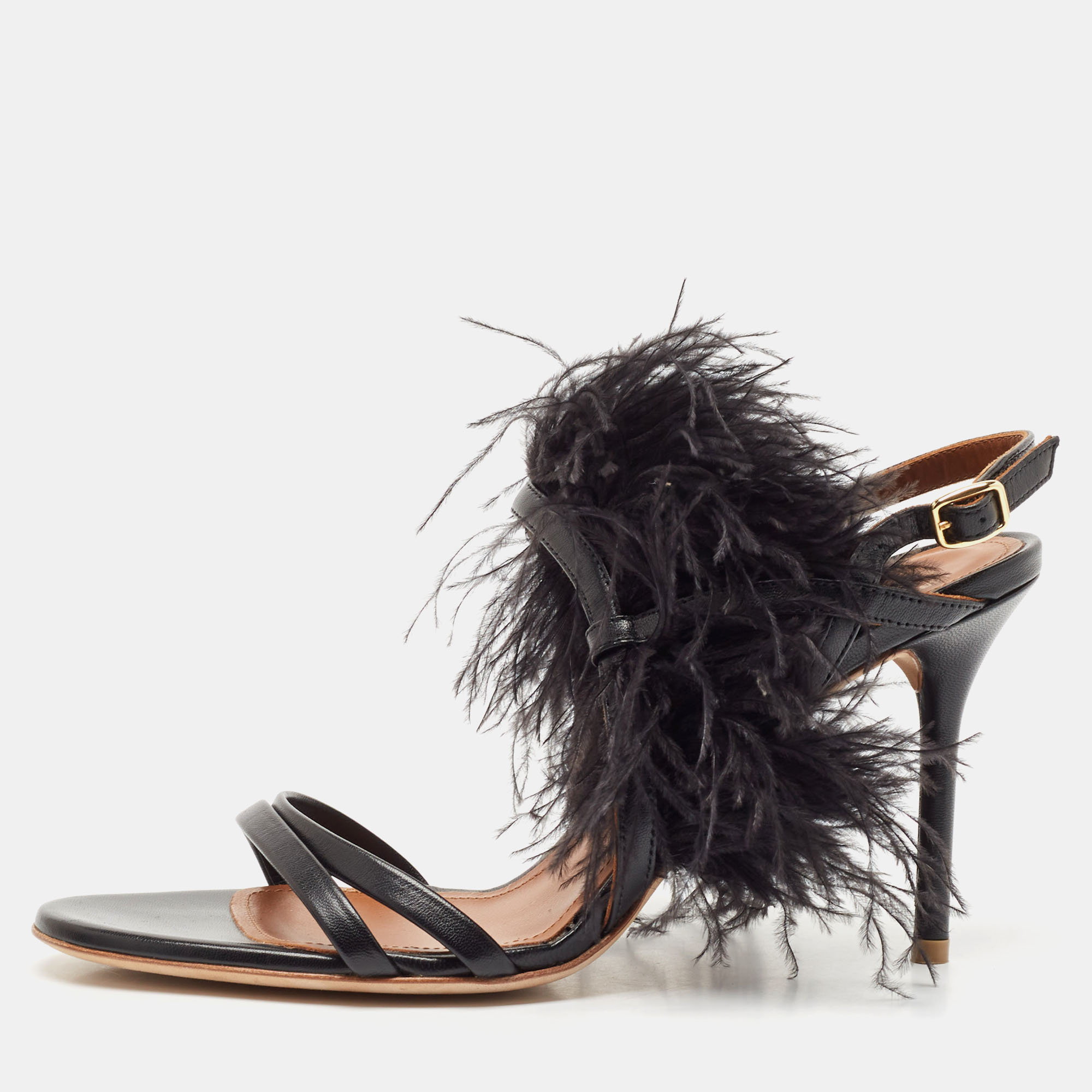 

Malone Souliers Black Leather Sonia Feather Slide Sandals Size