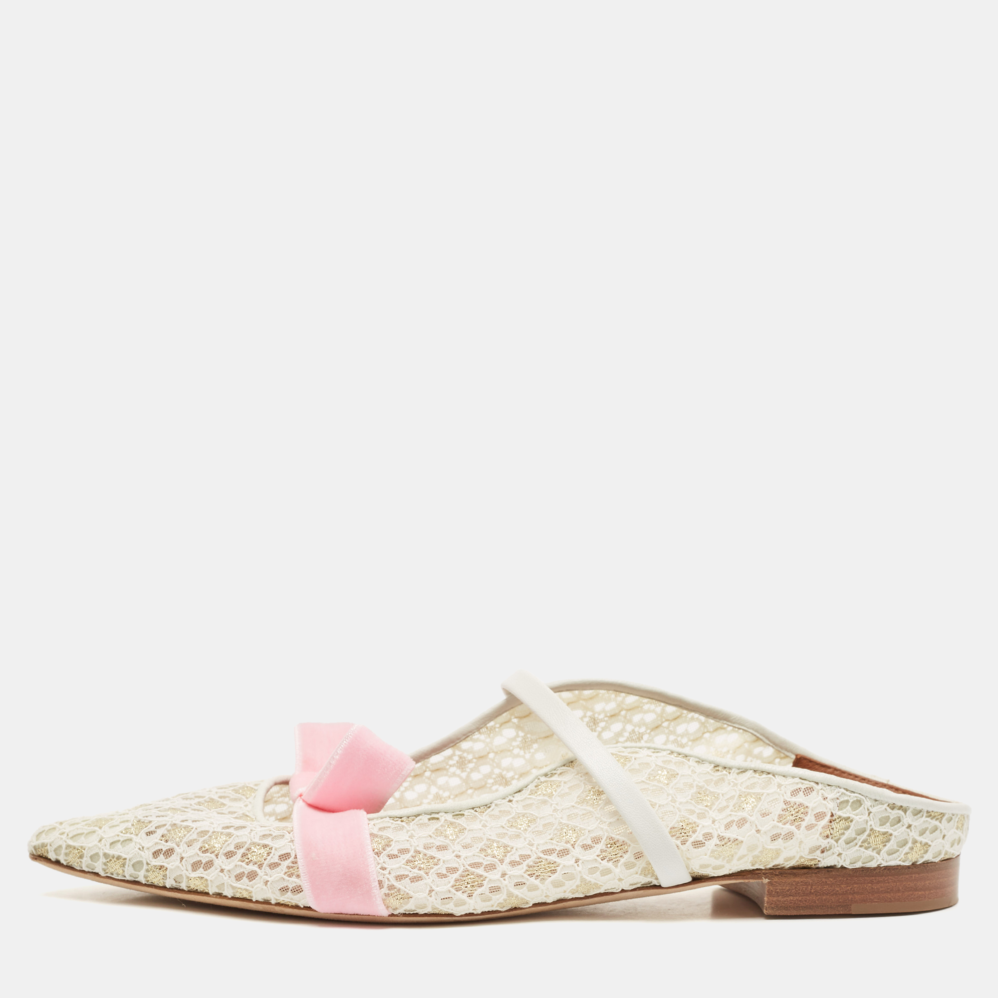 

Malone Souliers White/Pink Lace and Leather Maureen Flat Sandals Size