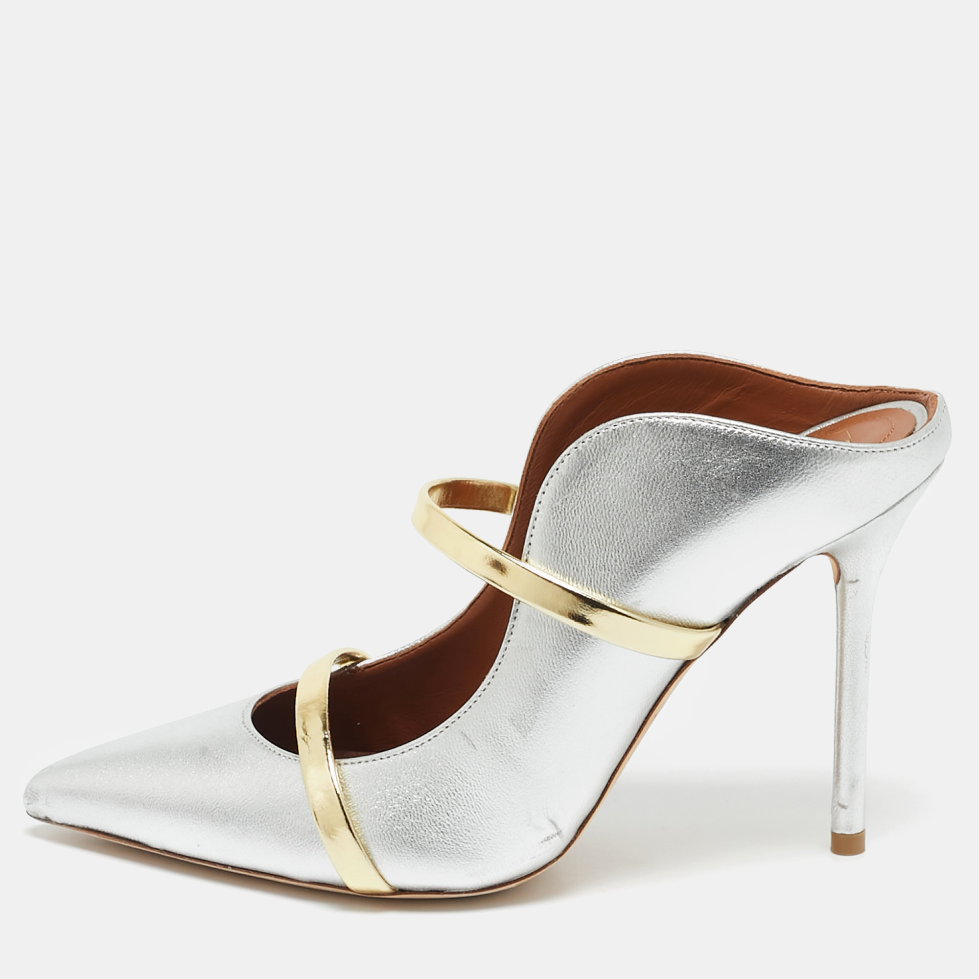 

Malone Souliers Silver/Gold Leather Maureen Pointed Toe Mules Size