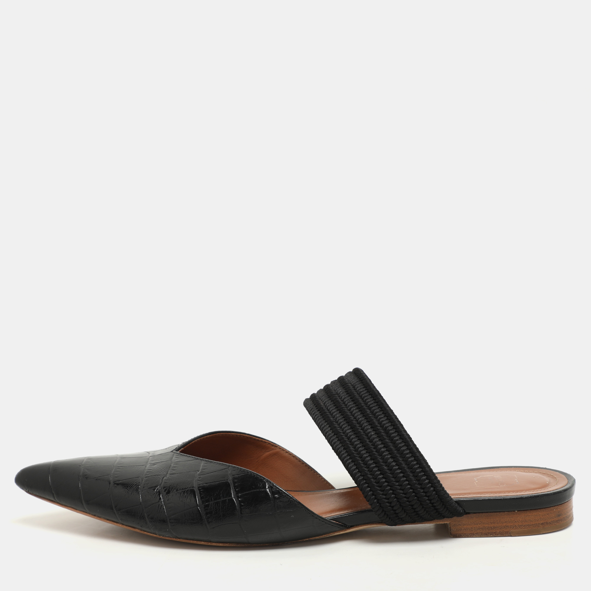 

Malone Souliers Black Croc Embossed Leather and Canvas Maisie mule Flats Size 40.5