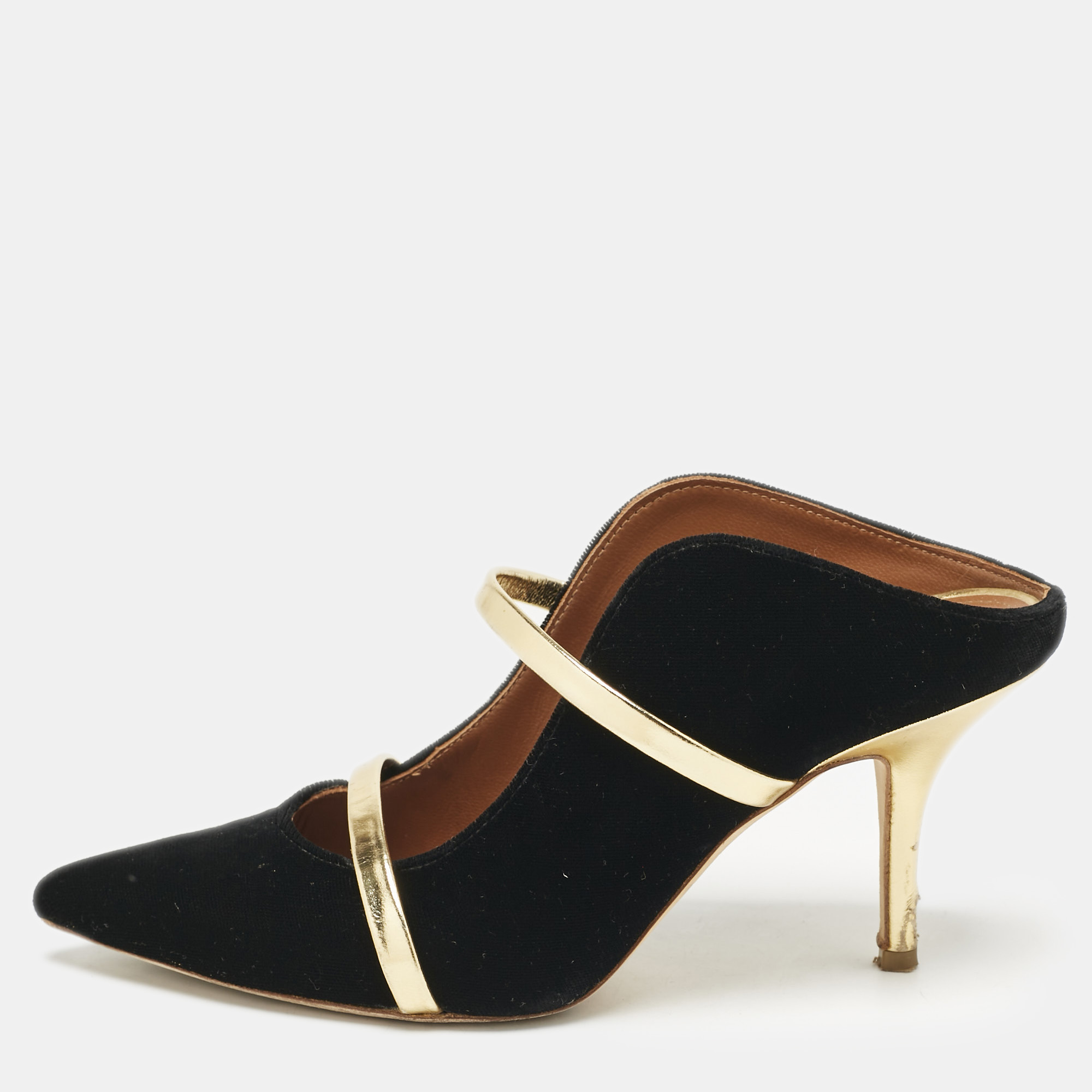 

Malone Souliers Gold/Black Leather/Velvet Maureen Mules Size