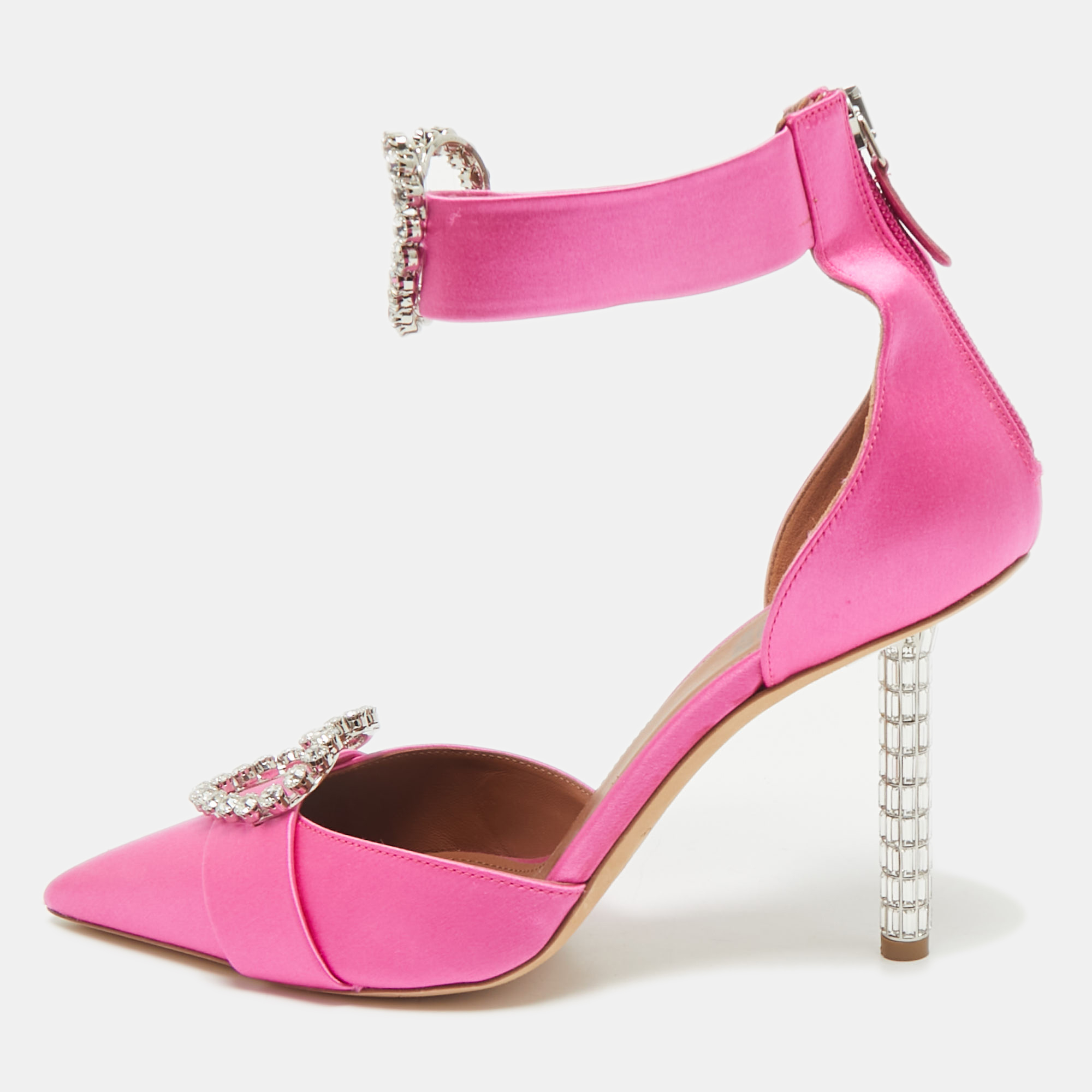 

Malone Souliers x Emily In Paris Pink Satin Camille Ankle Strap Pumps Size