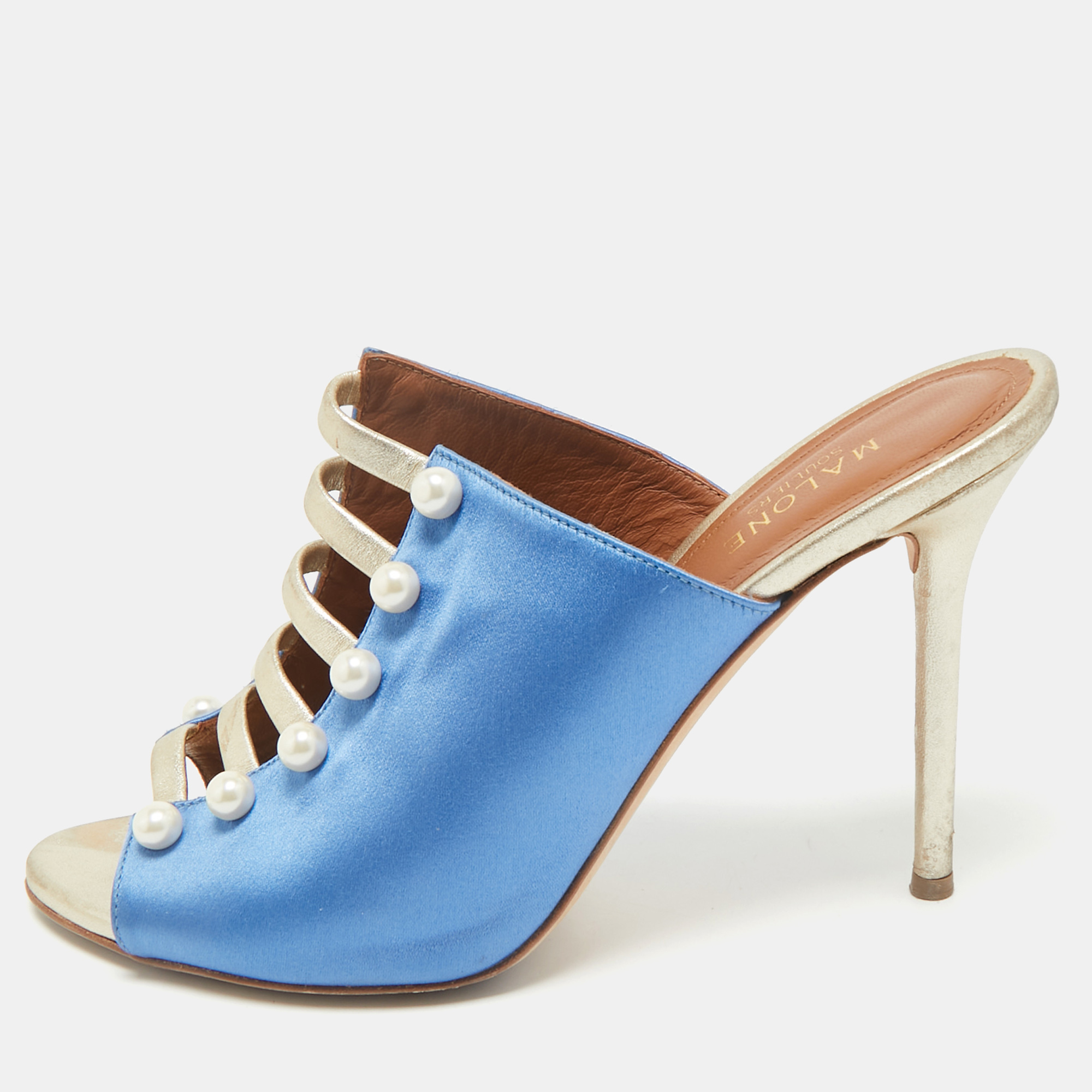 

Malone Souliers Blue/Gold Satin and Leather Zada Mules Size