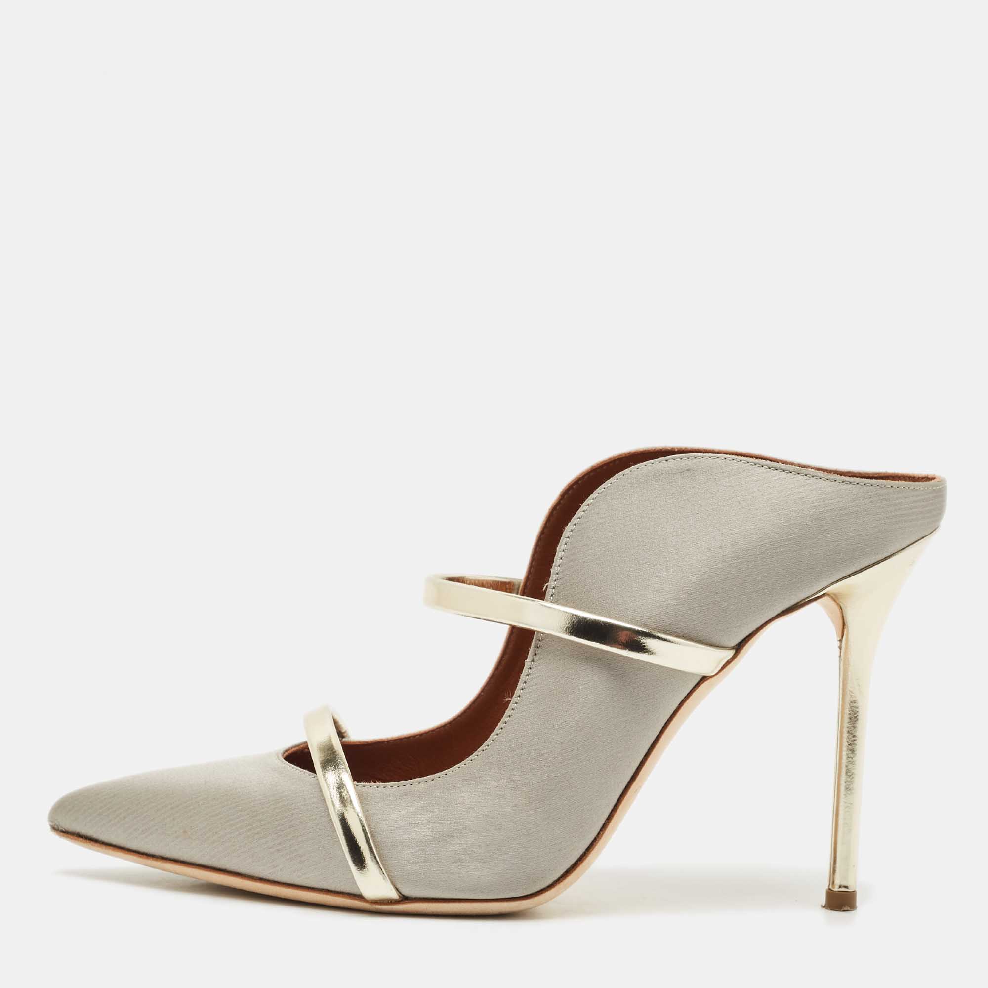 Pre-owned Malone Souliers Grey Satin Maureen Heel Mules Size 39