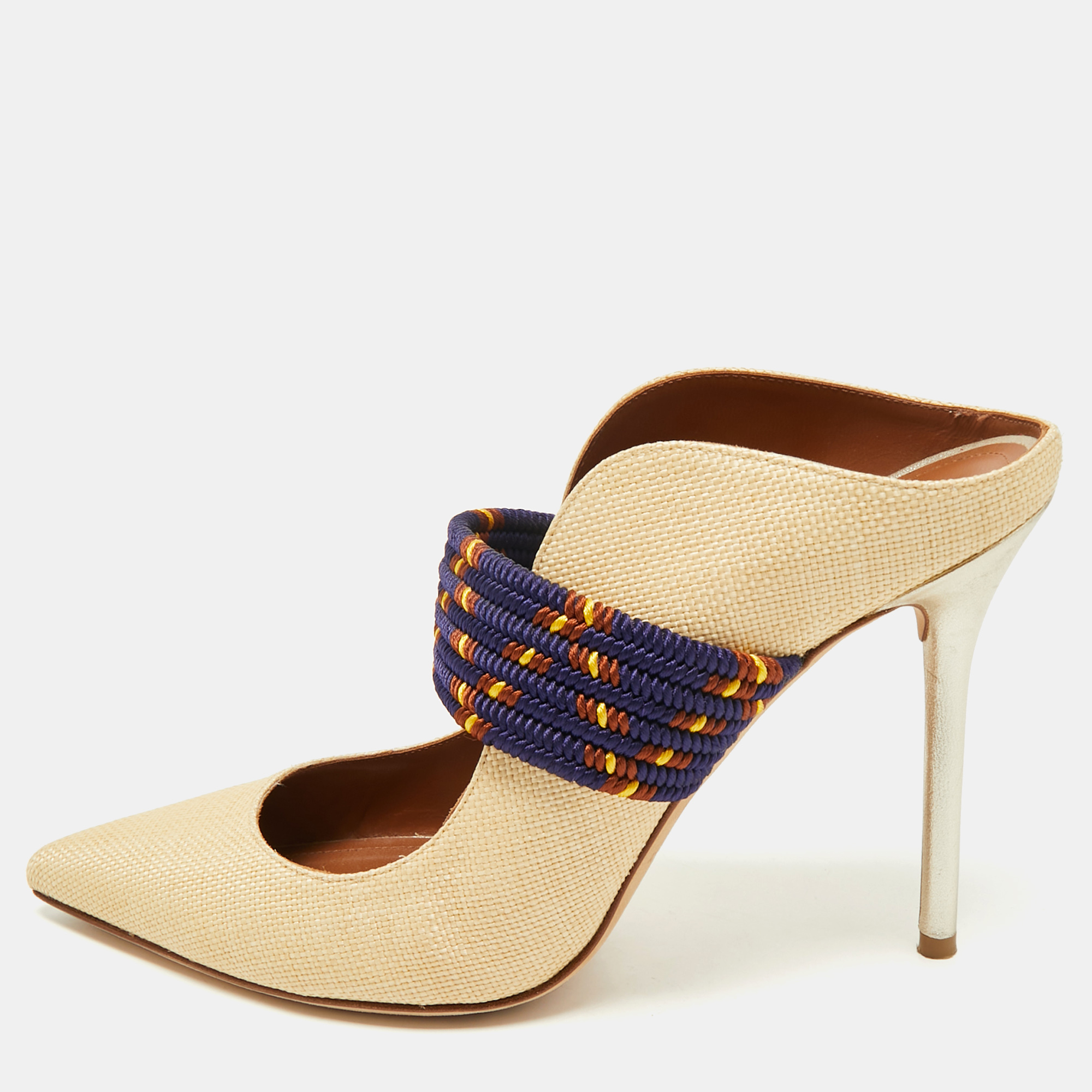 

Malone Souliers Beige/Navy Blue Raffia and Cord Mara Pointed Toe Mules Size