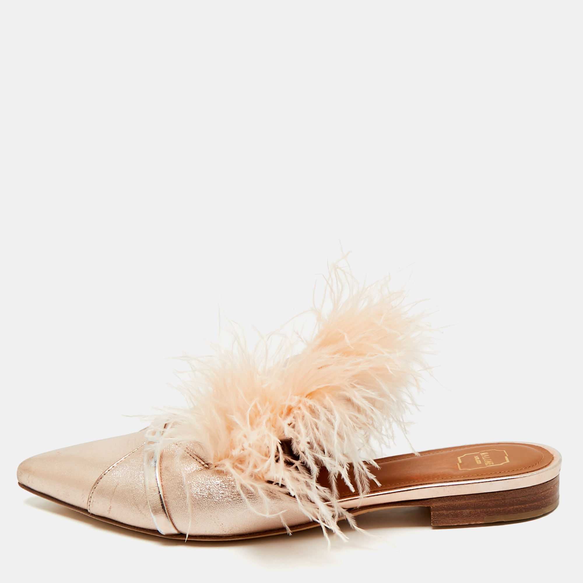 

Malone Souliers Metallic Leather and Feather Pointed Toe Flat Mules Size