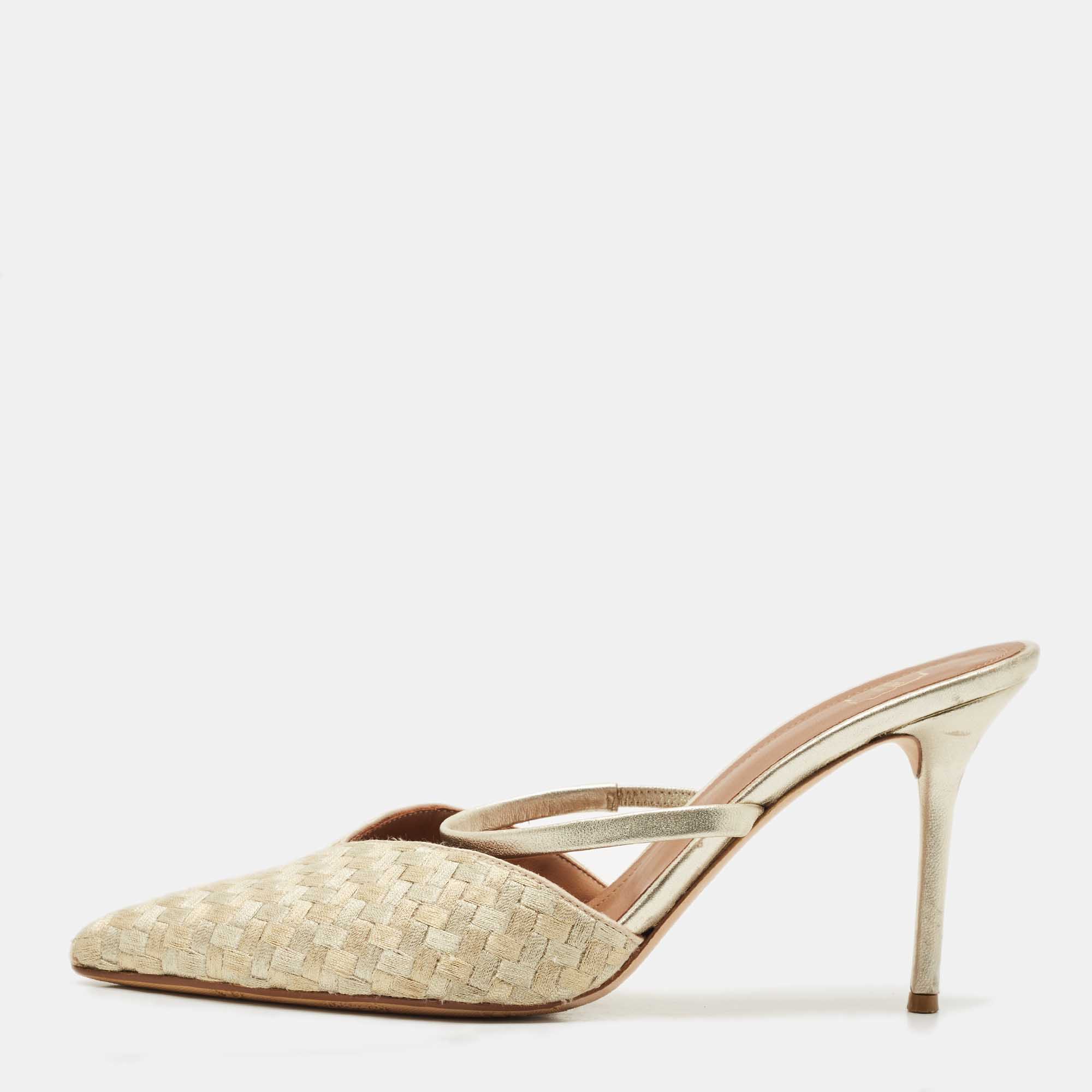 

Malone Souliers Gold Leather and Woven Fabric Marla Mules Size